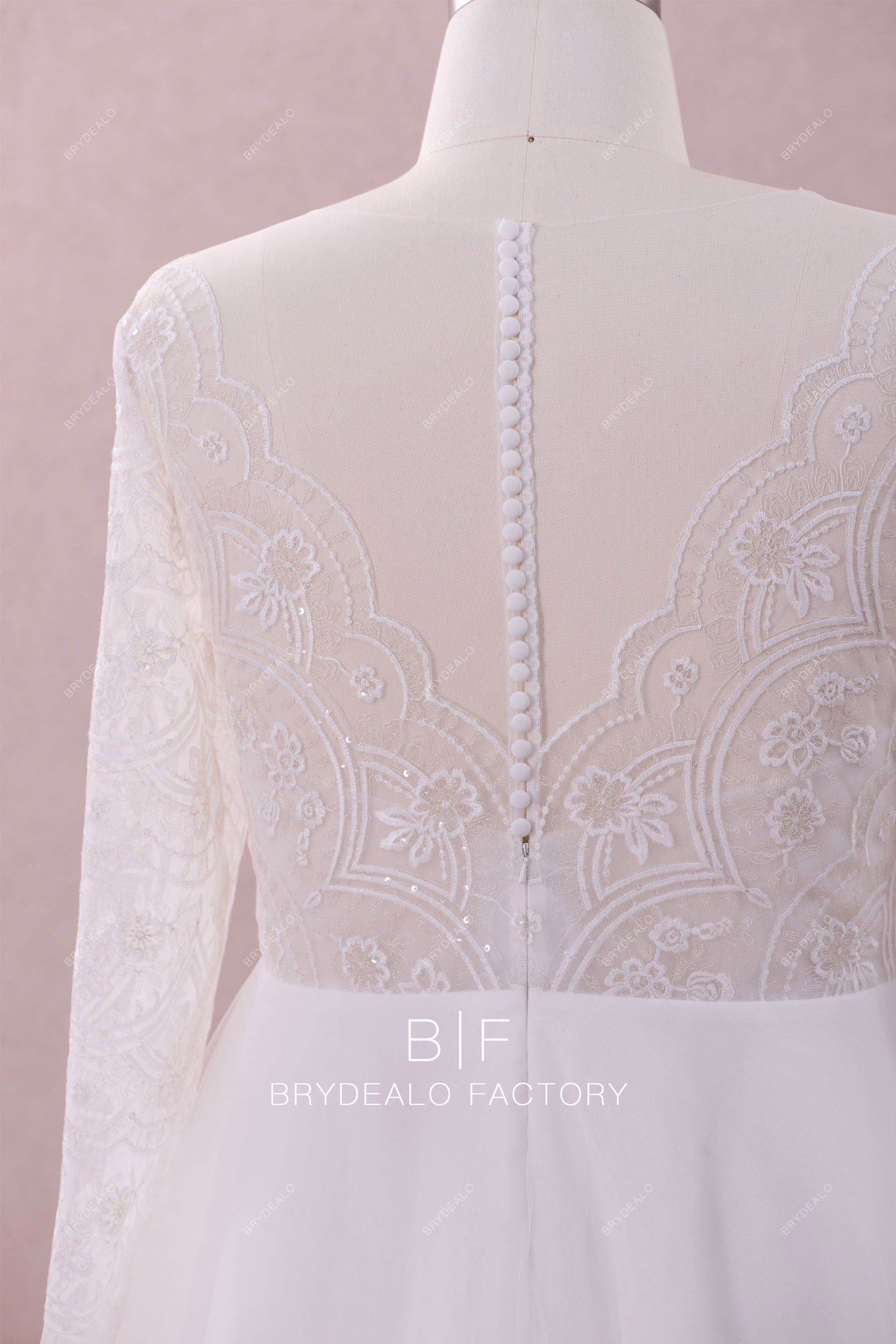 plus size buttoned illusion back lace A-line bridal gown