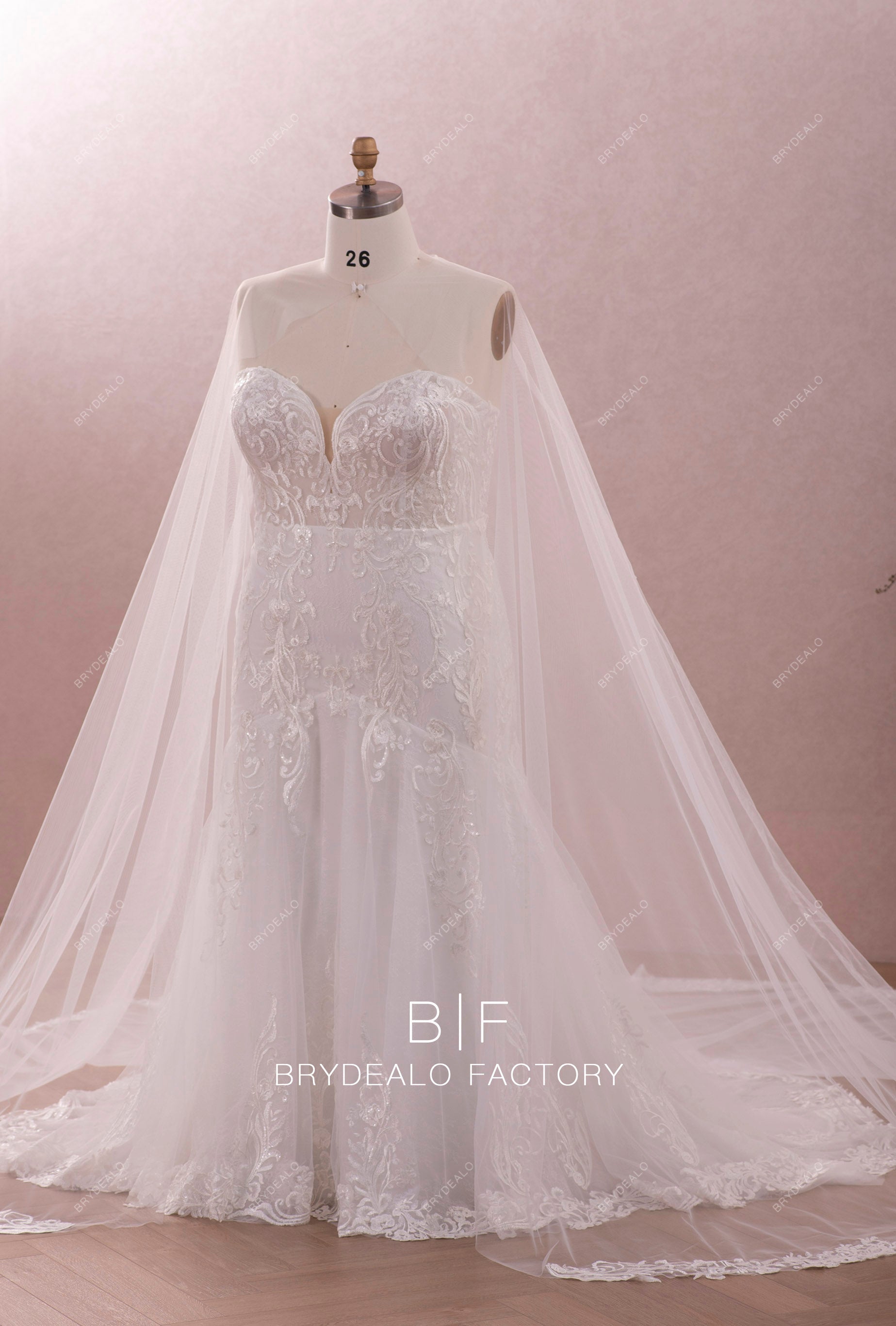 elegant cape mermaid lace wedding gown