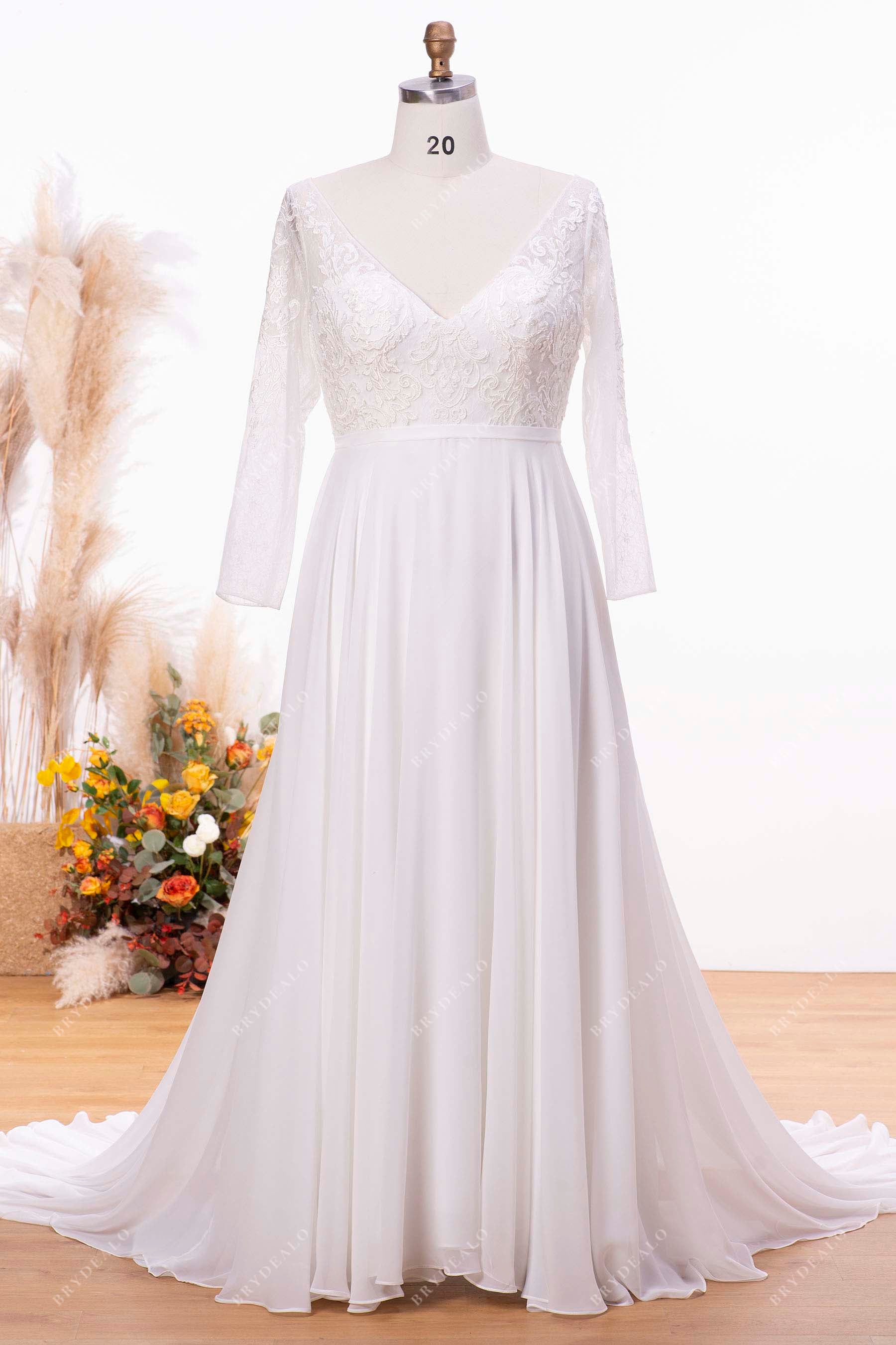 Plus Size Sheer Sleeves V-Neck Beach Lace Chiffon Bridal Gown