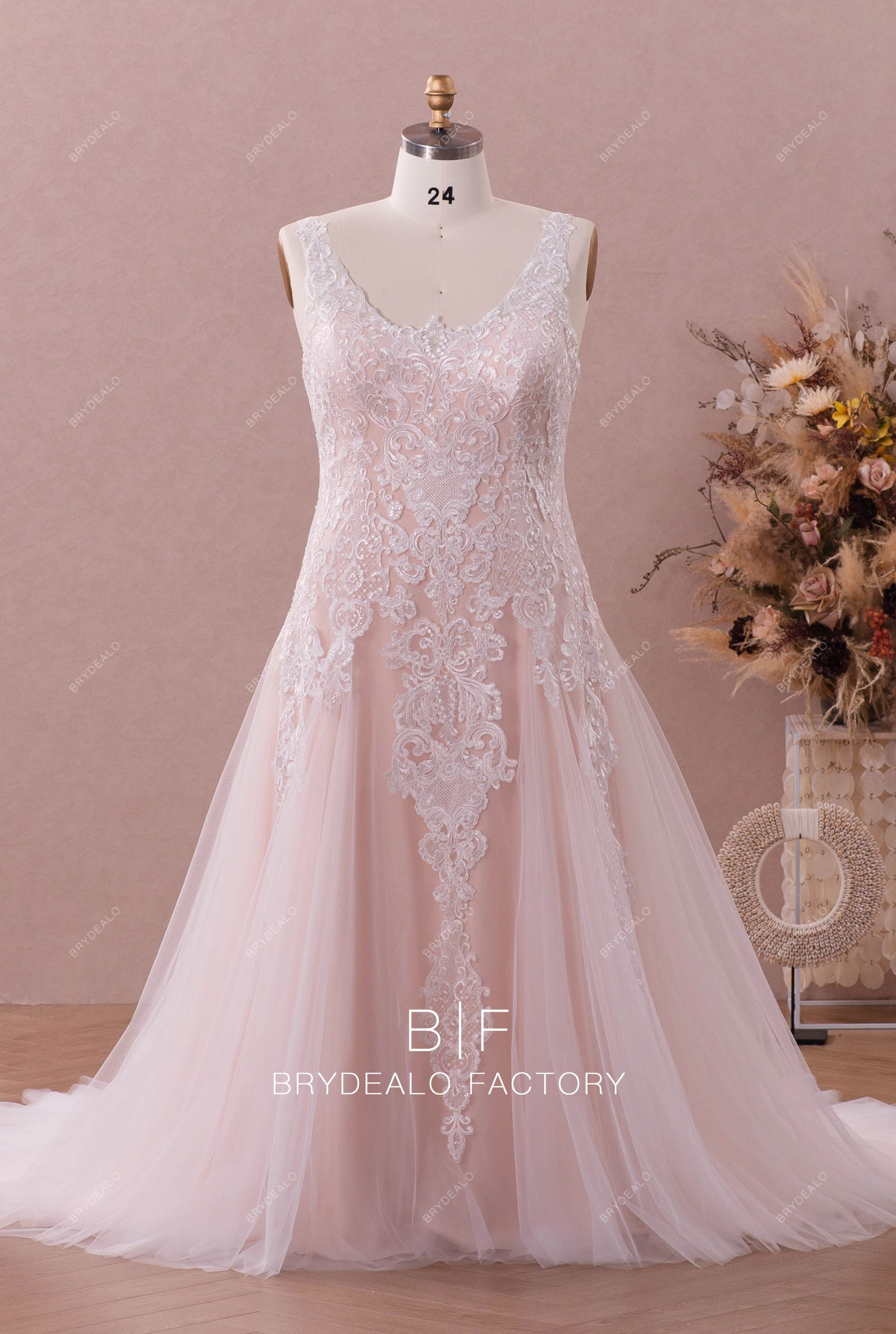 Nude Pink Plus Size Lace Tulle Fit Flare Wedding Dress
