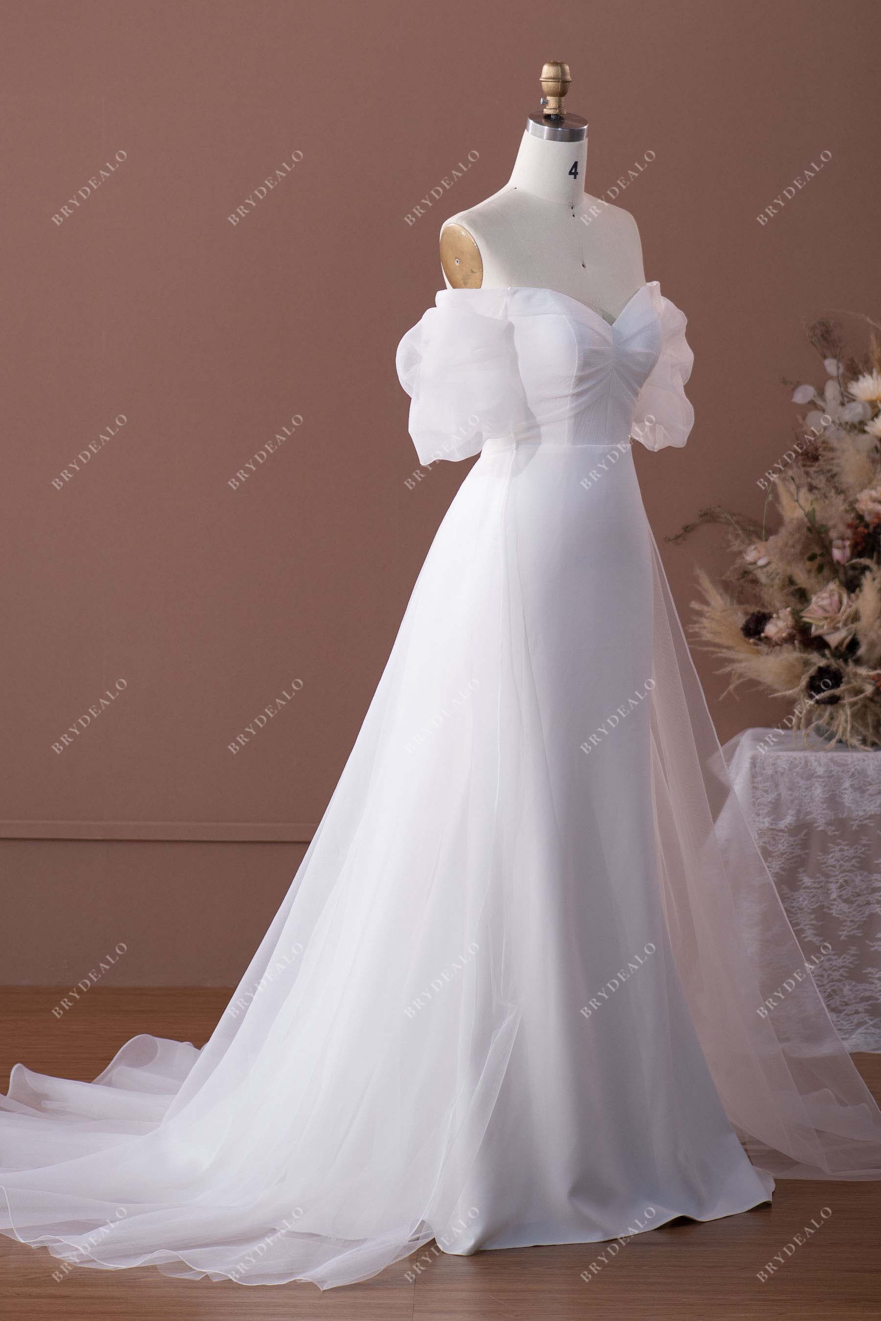 fashion short sleeves off-shoulder bridal dress with overskirt