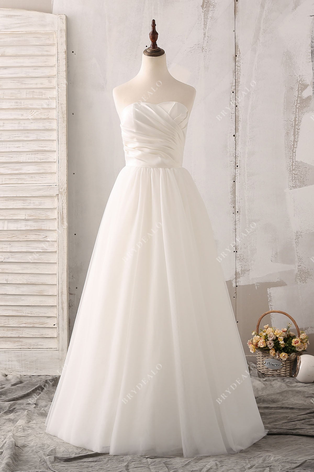 ruched strapless sweetheart satin floor length bridal dress