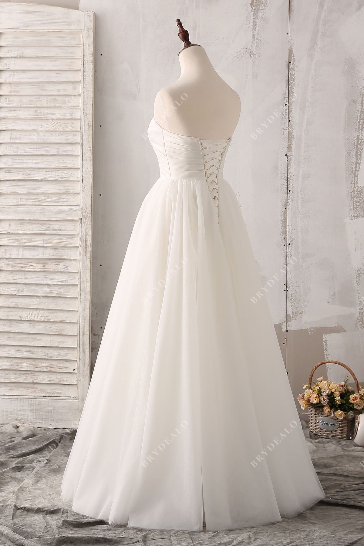 princess strapless satin tulle A-line bridal dress