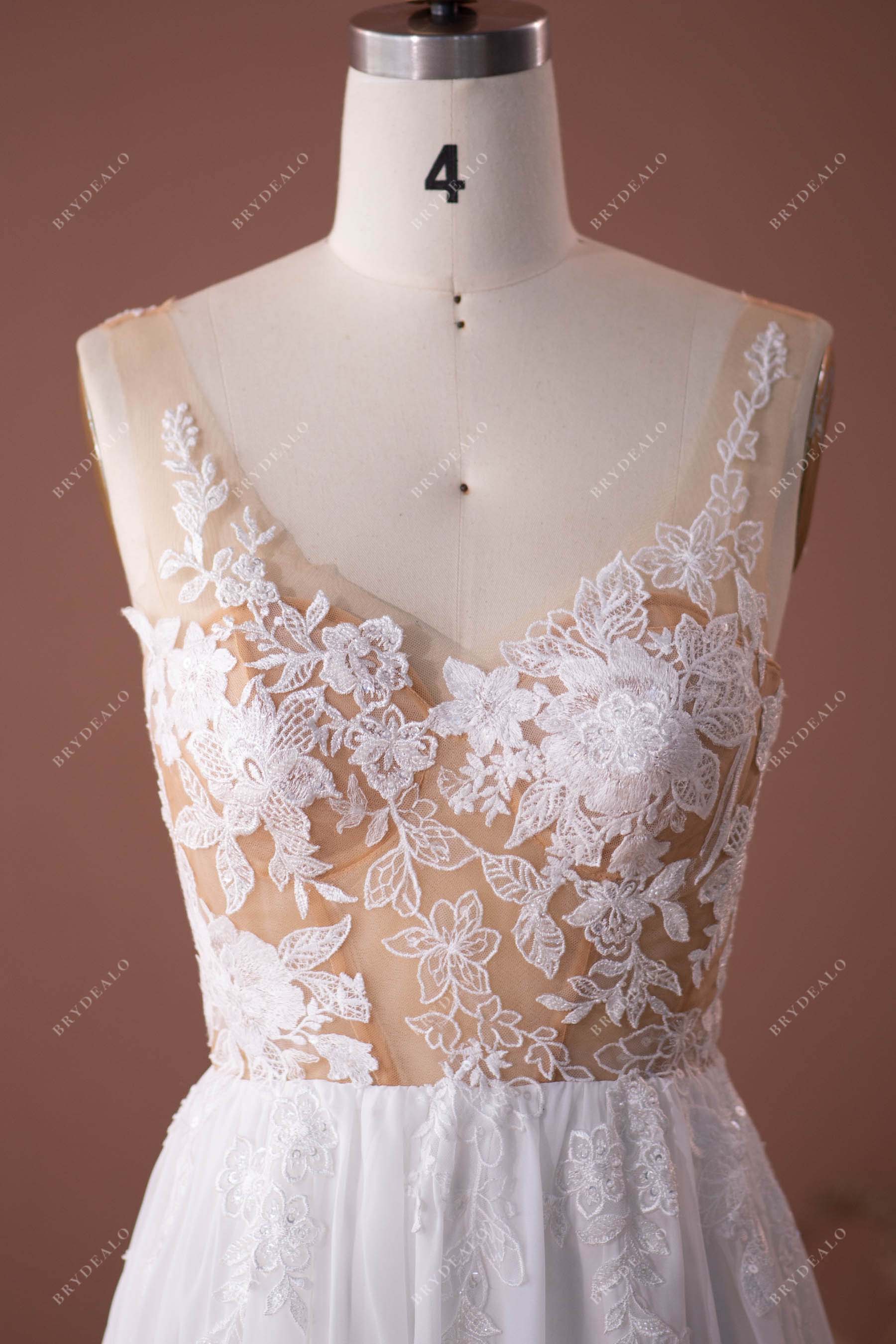 V-neck sheer lace chiffon boho bridal dress