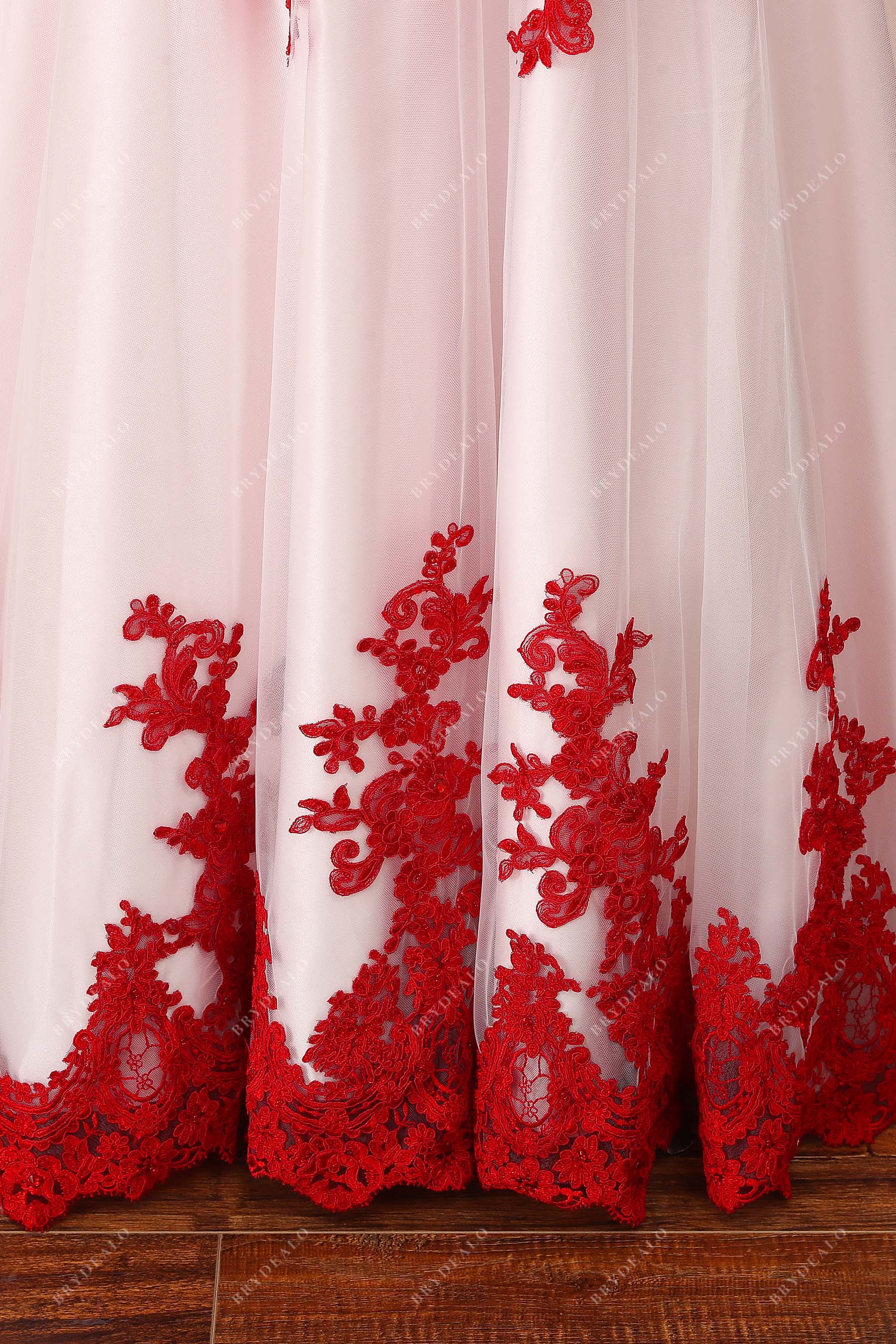 red lace trim ivory tulle destination wedding gown