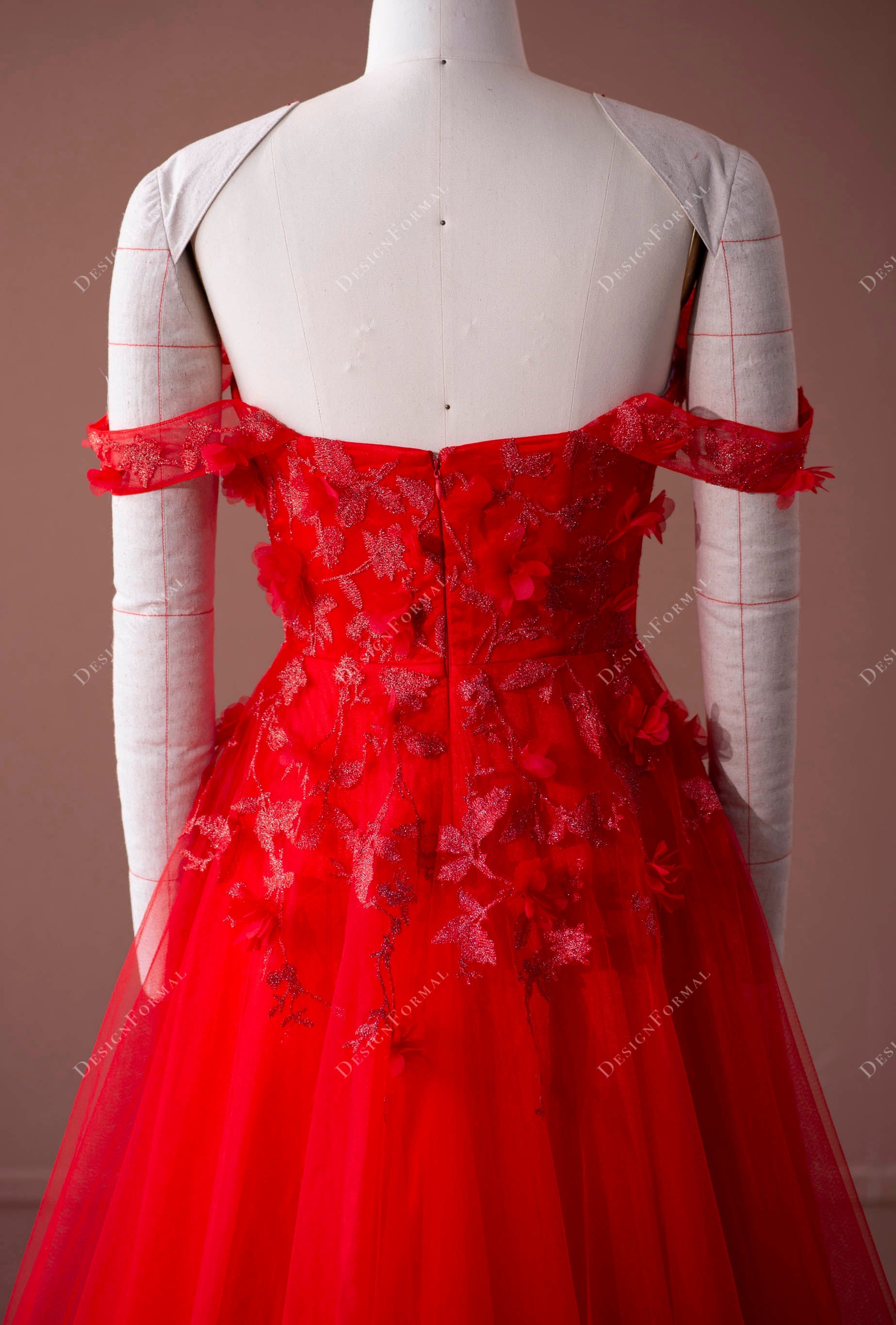 red lace tulle A-line formal dress