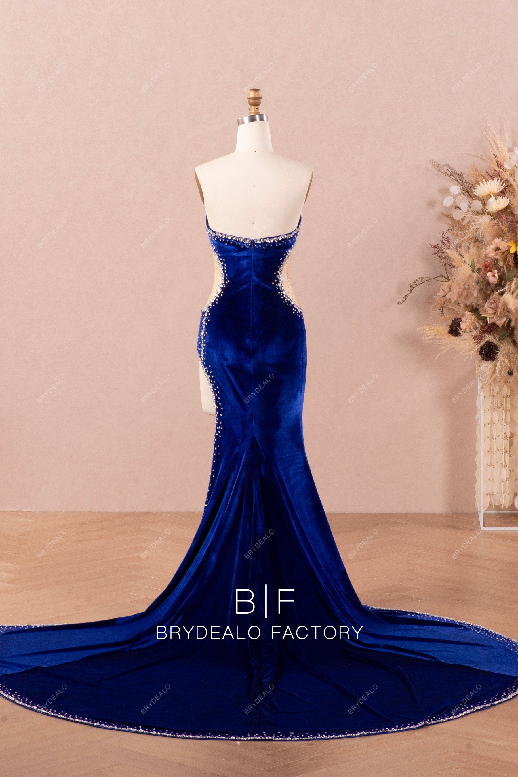 rhinestones cutout mermaid velvet prom dress