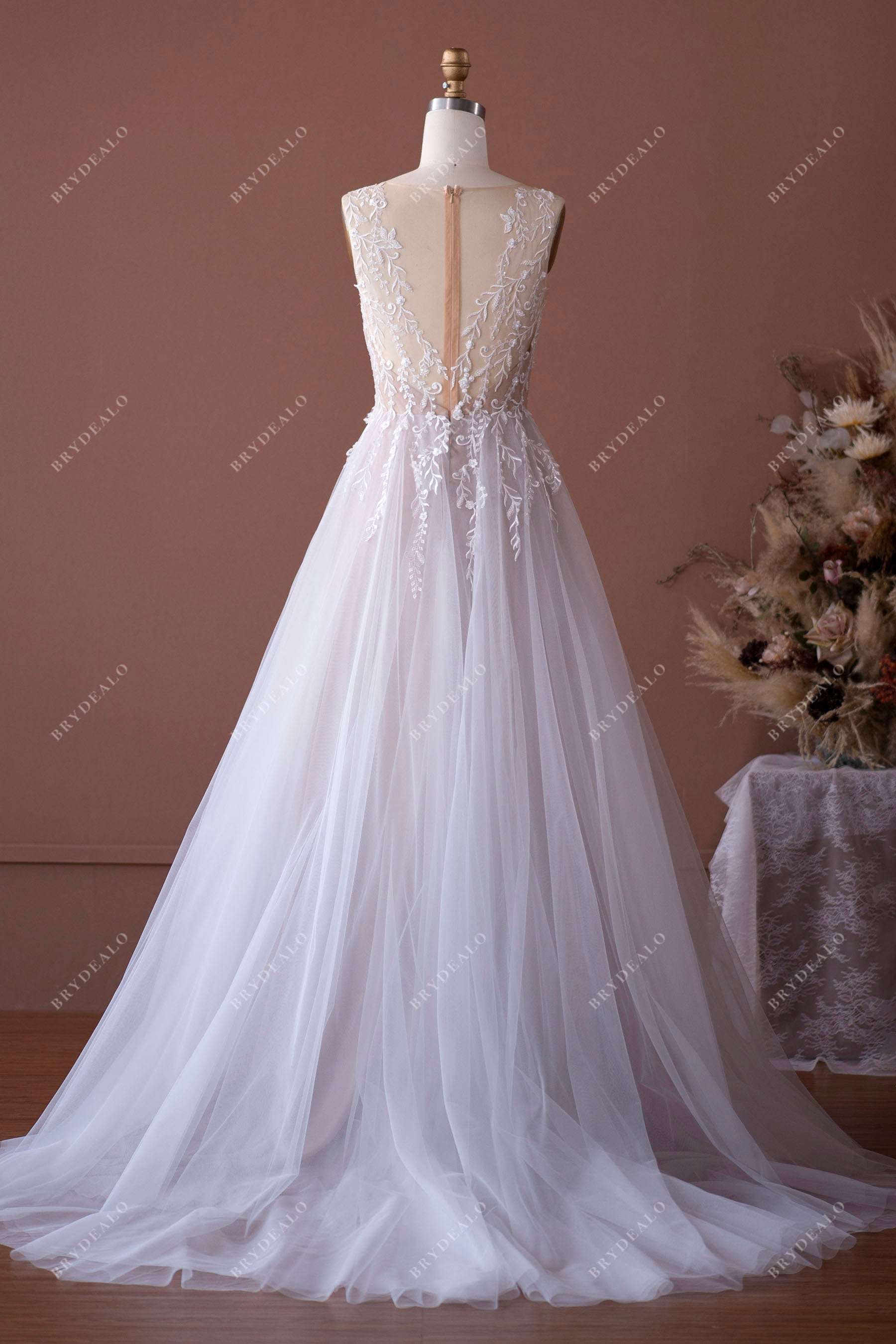 Beaded Lace Illusion Back A-line Garden Bridal Dress