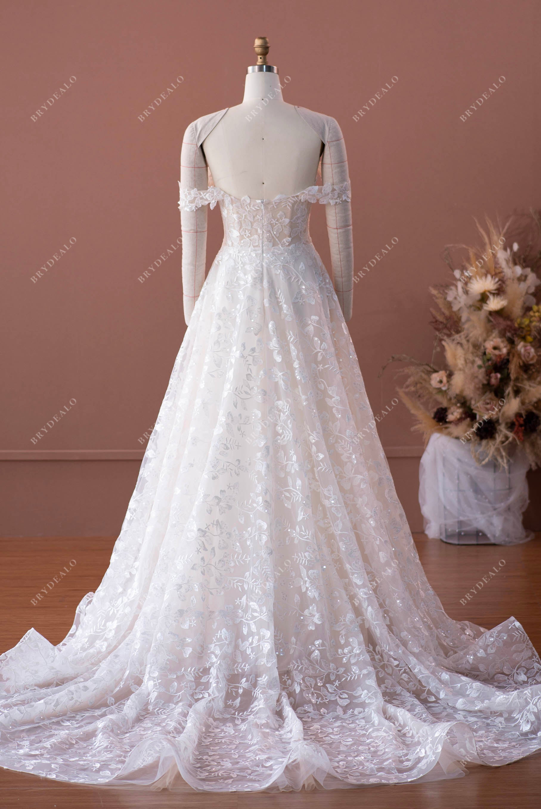 romantic flower lace off shoulder  wedding gown