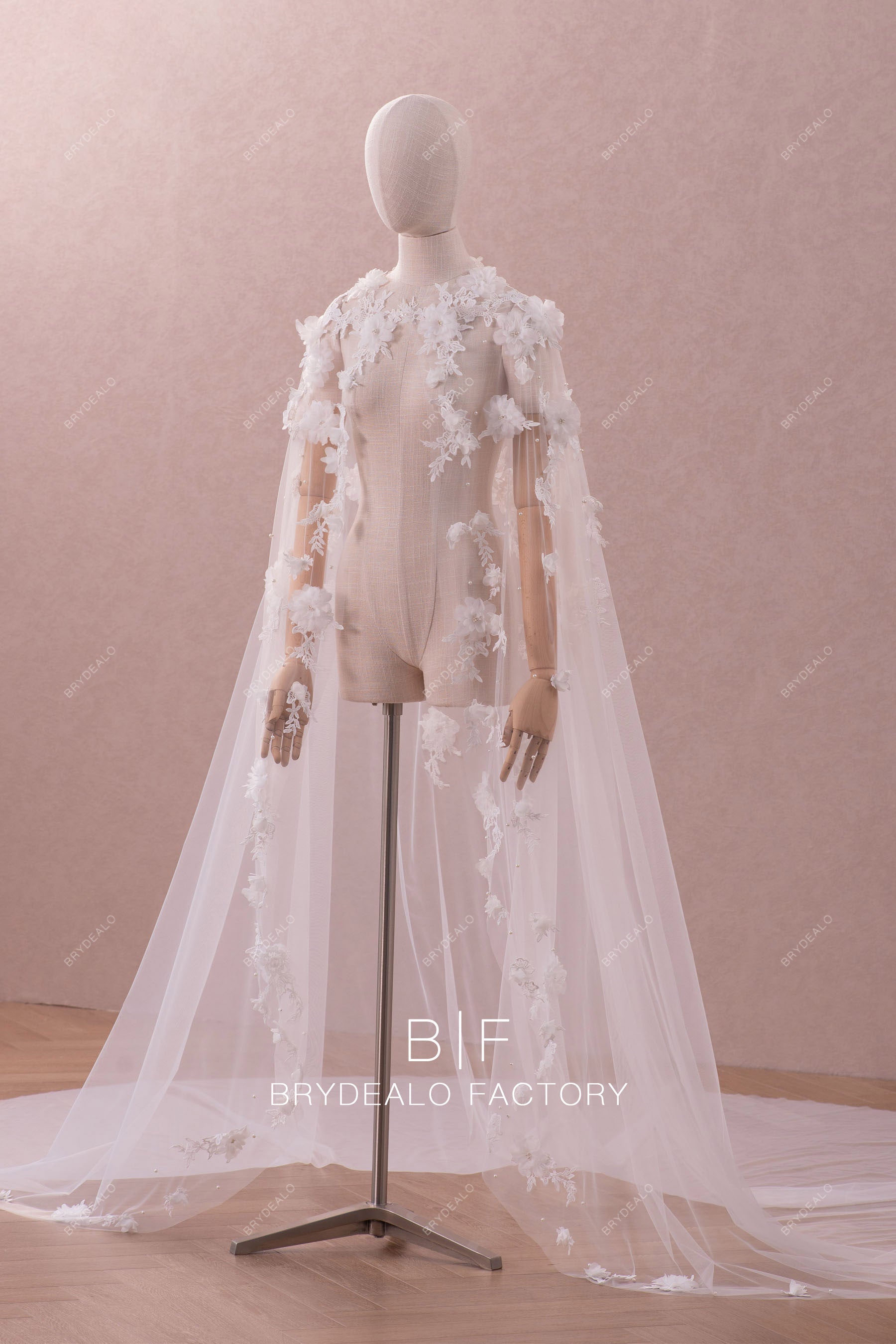 Dreamy 3D Flowers Designer Pearls Long Train Bridal Cape