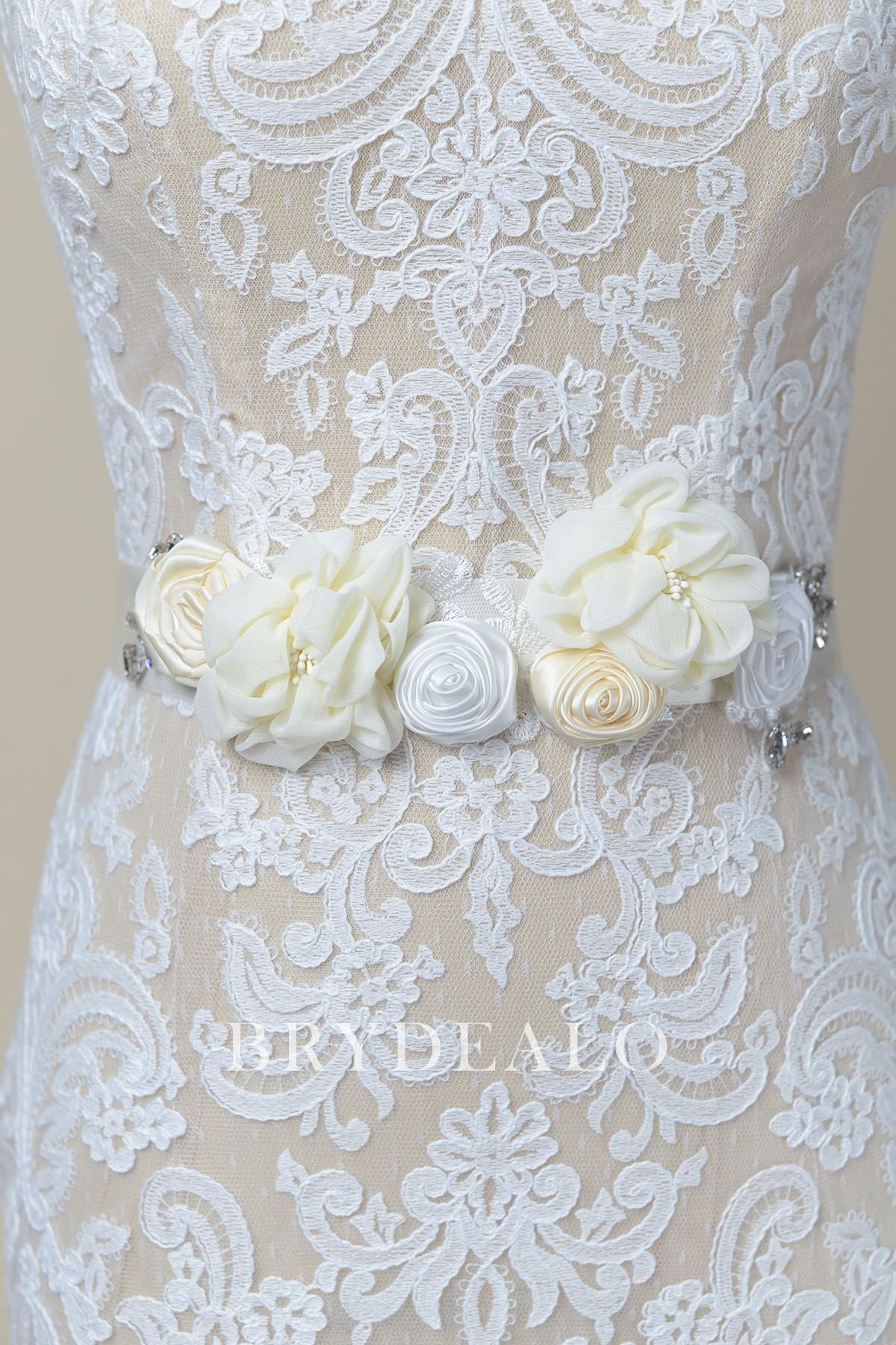 Hand-made Flowers Crystals Satin Bridal Sash Belt
