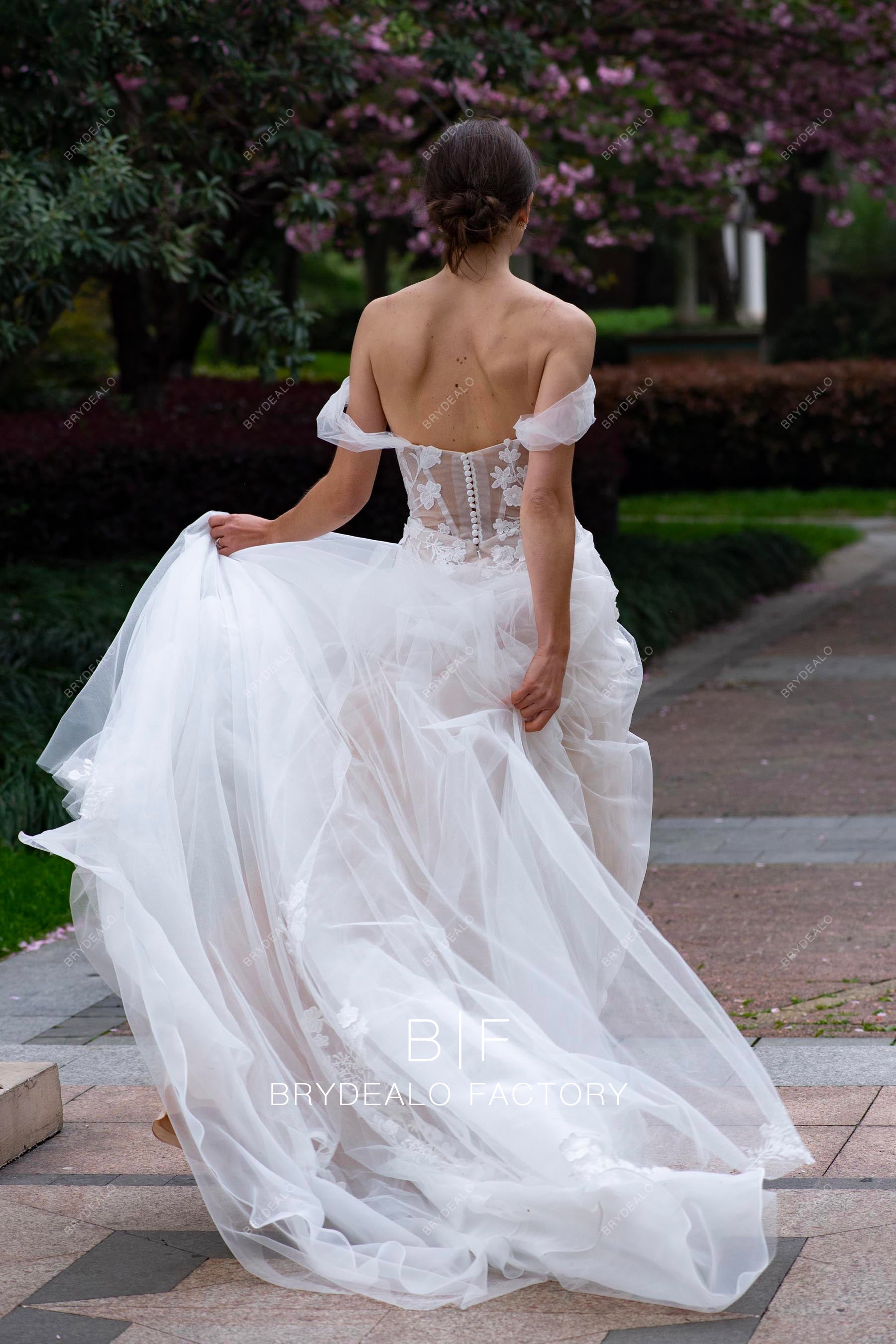 Romantic Off Shoulder Flower Lace Nude Garden A-line Wedding Dress Romantic Off Shoulder Flower Lace Nude Garden A-line Wedding Dress