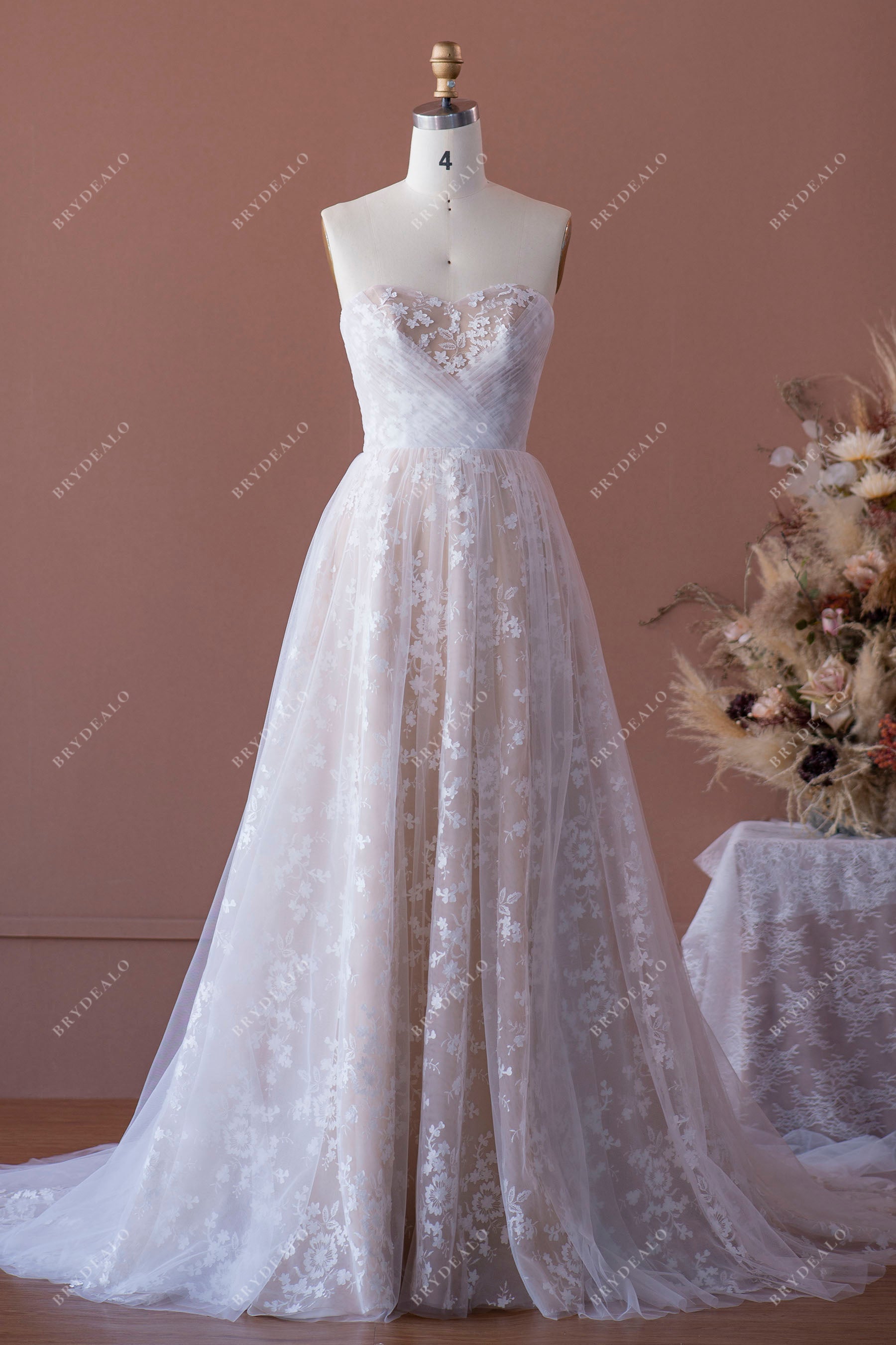 Nude Beige Sweetheart Neck A-line Lace Destination Wedding Dress