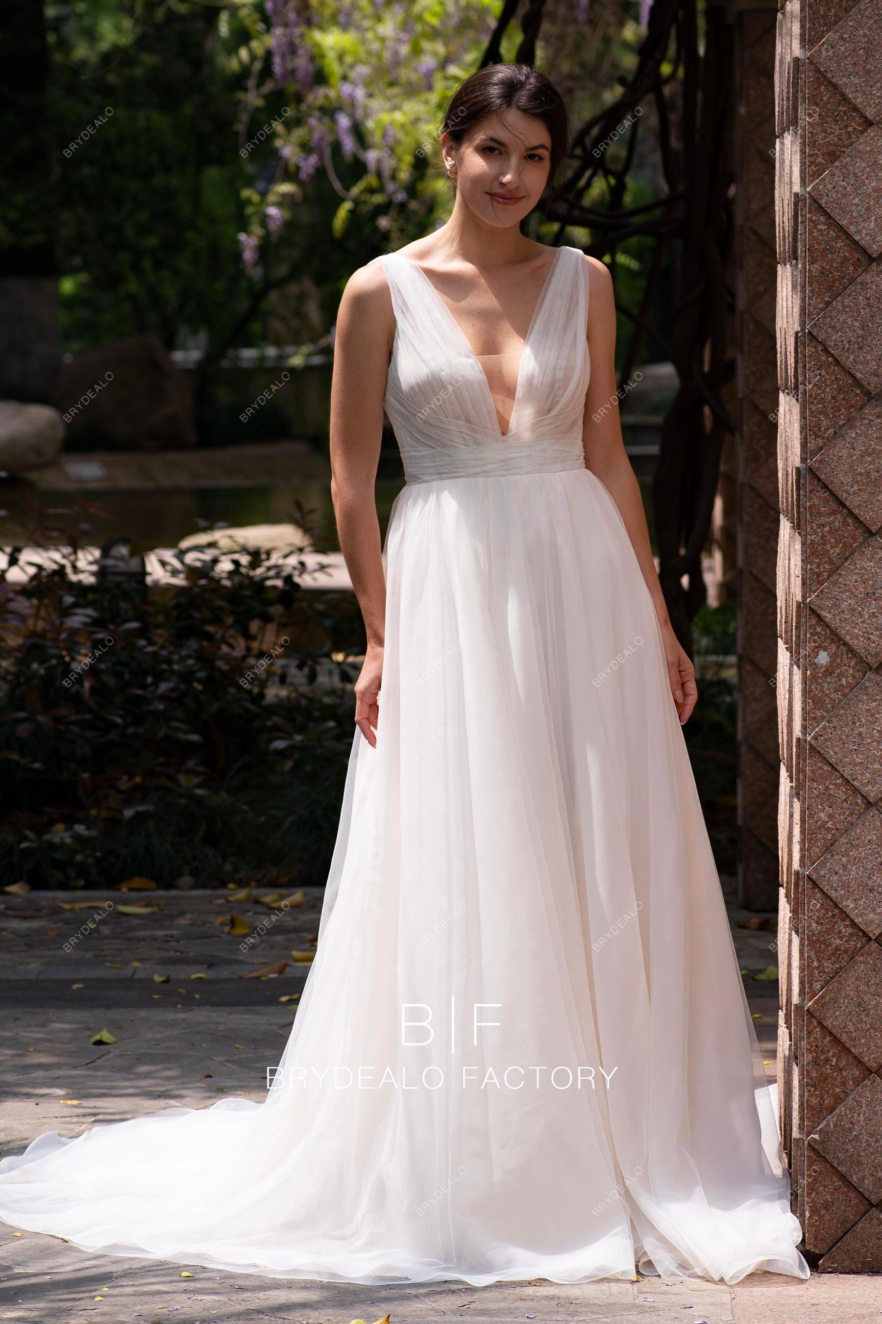 romantic straps plunging A-line spring wedding dress