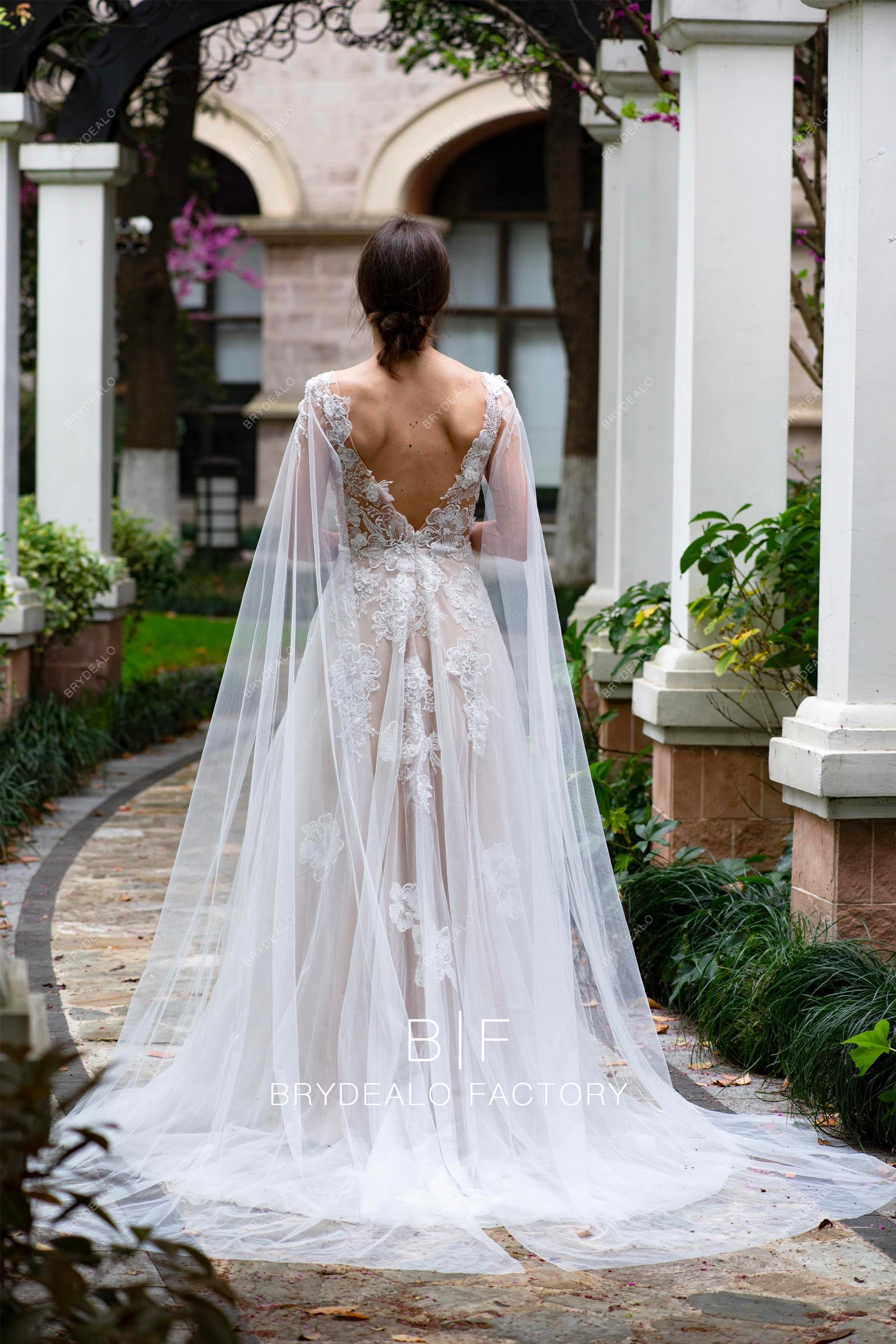 lace wedding dress and veil Designer 3D Flower Lace Plunging Modern Shoulder Veil Wedding Dress