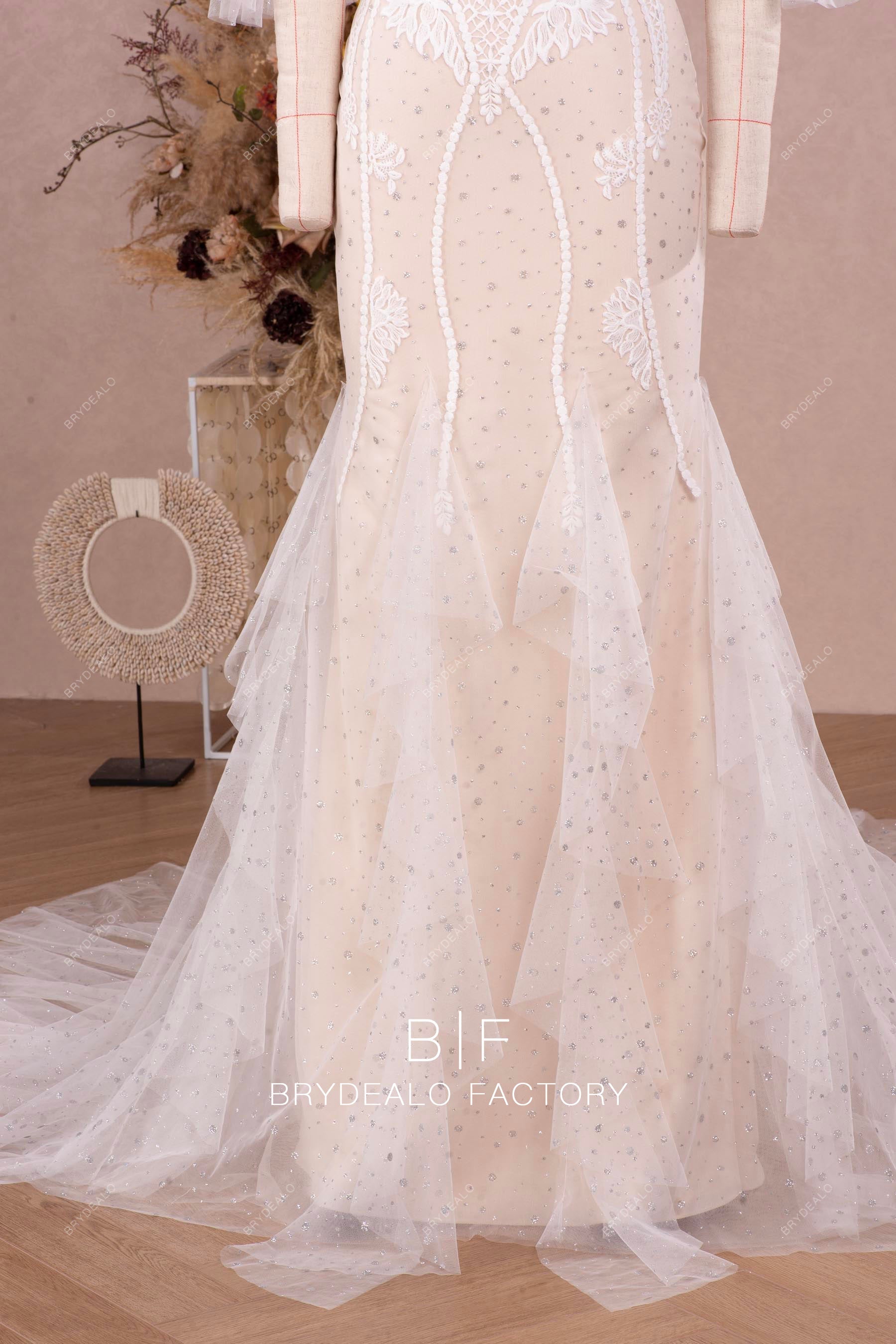 dramatic ruffled mermaid shimmery tulle wedding dress