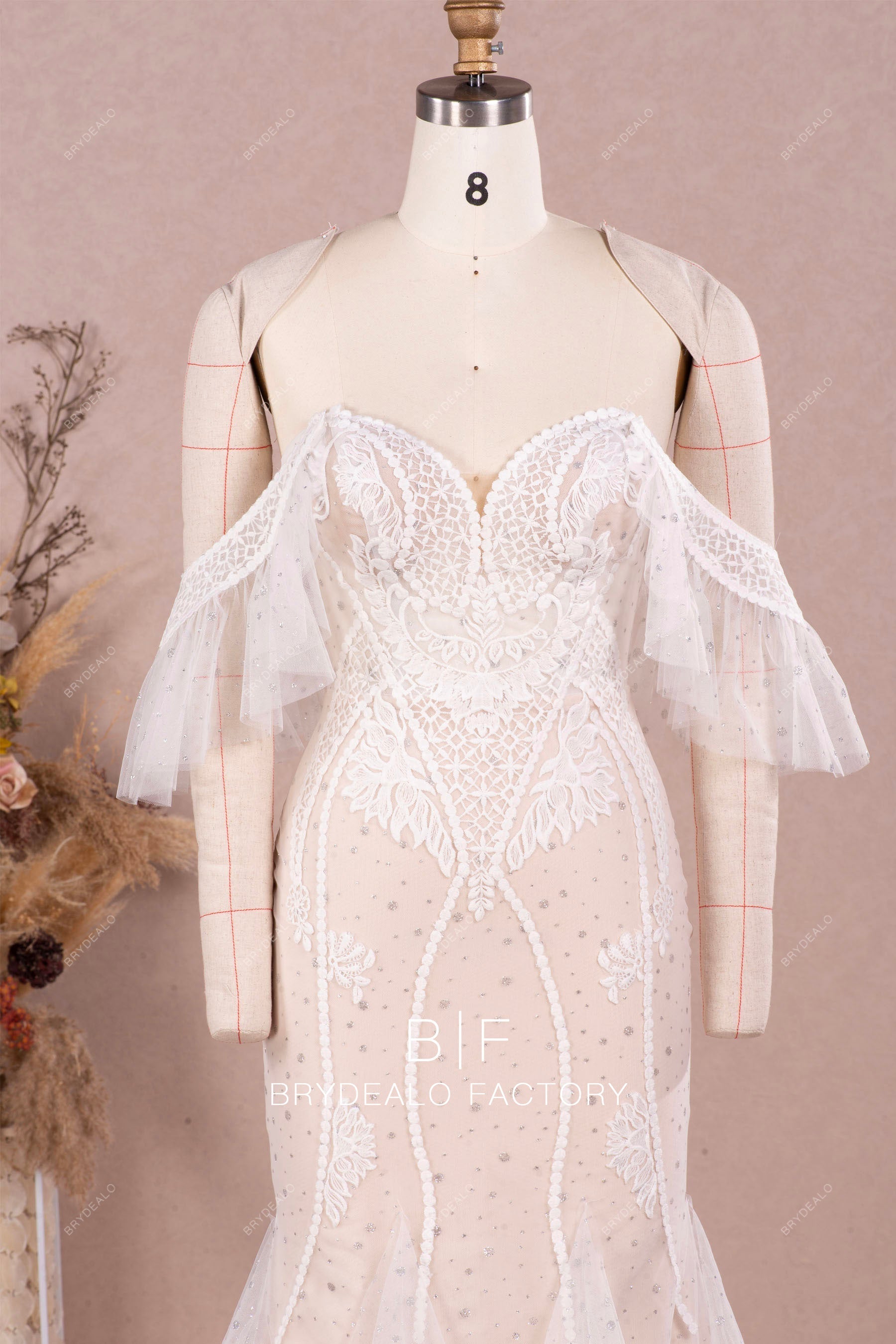 ruffled off shoulder lace designer destination wedding dress
