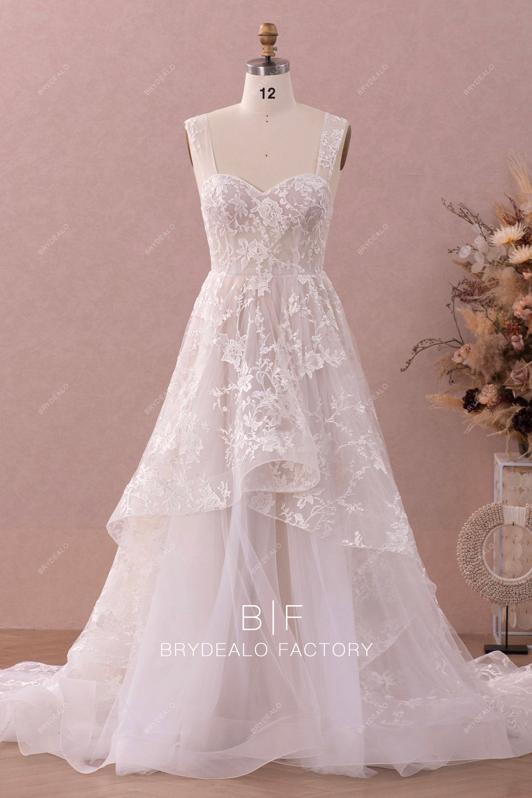 horsehair high-low lace wedding dress