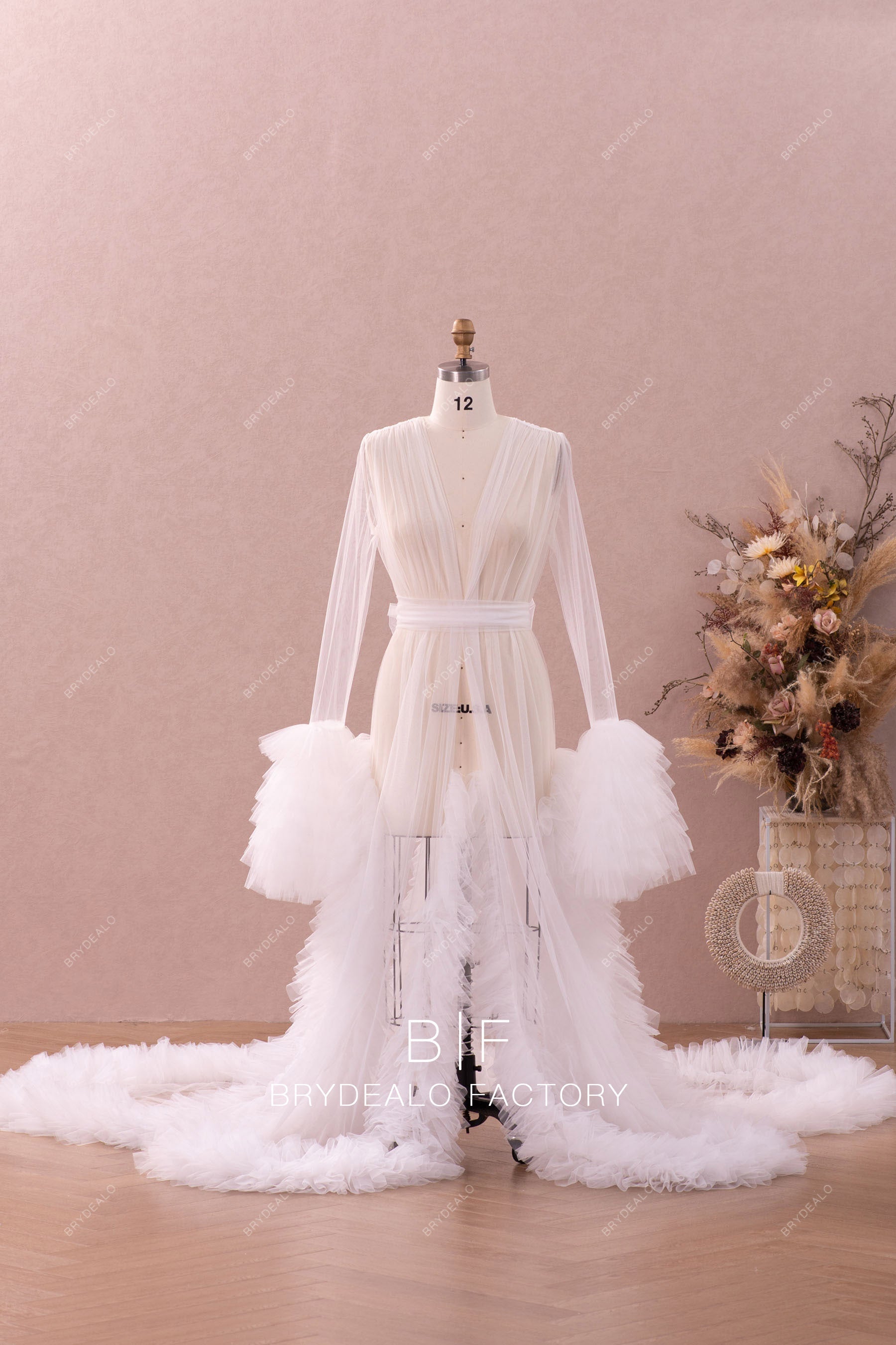 Illusion Ruffled Sleeves Wedding Robe