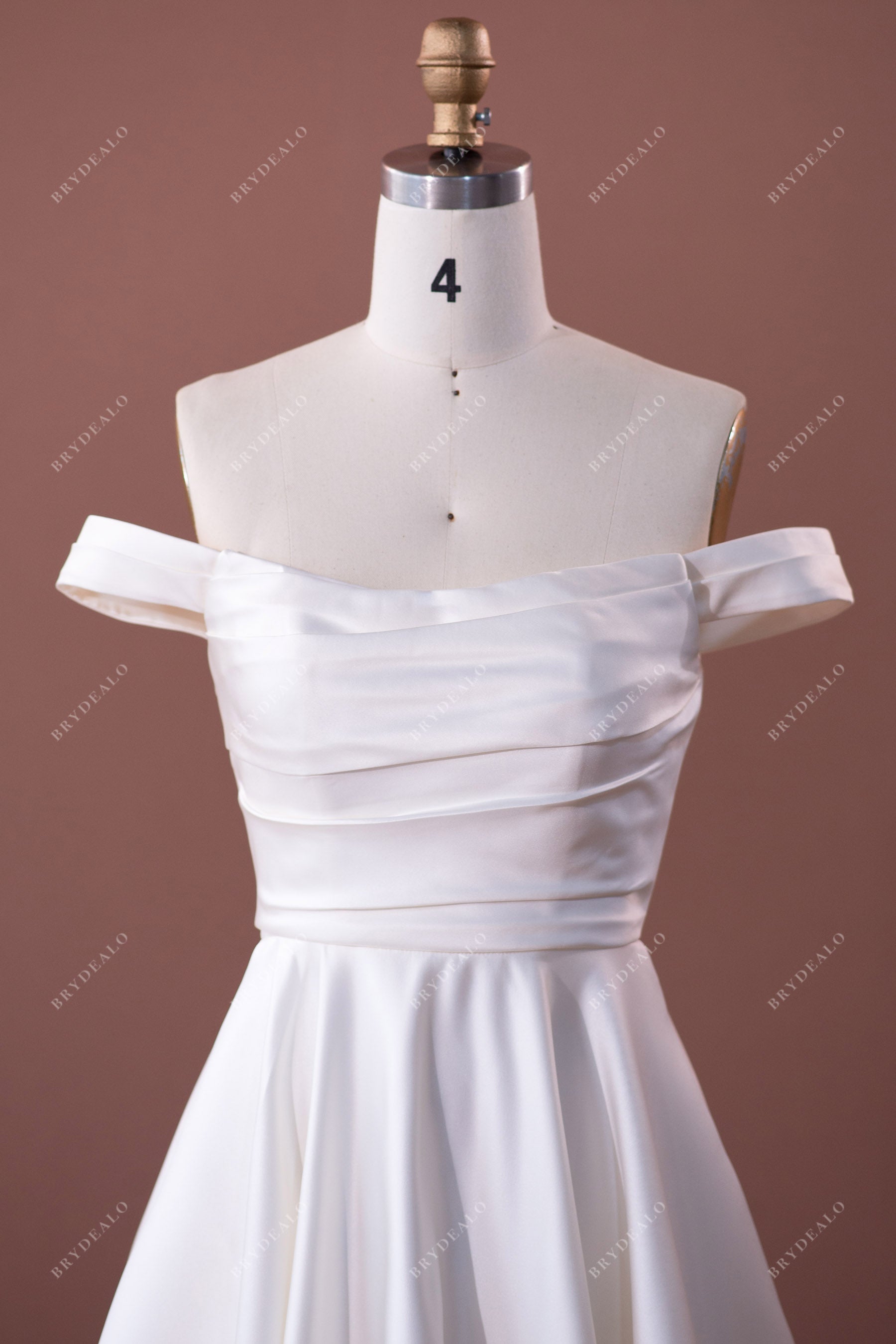 pleated satin off-shoulder designer wedding gown