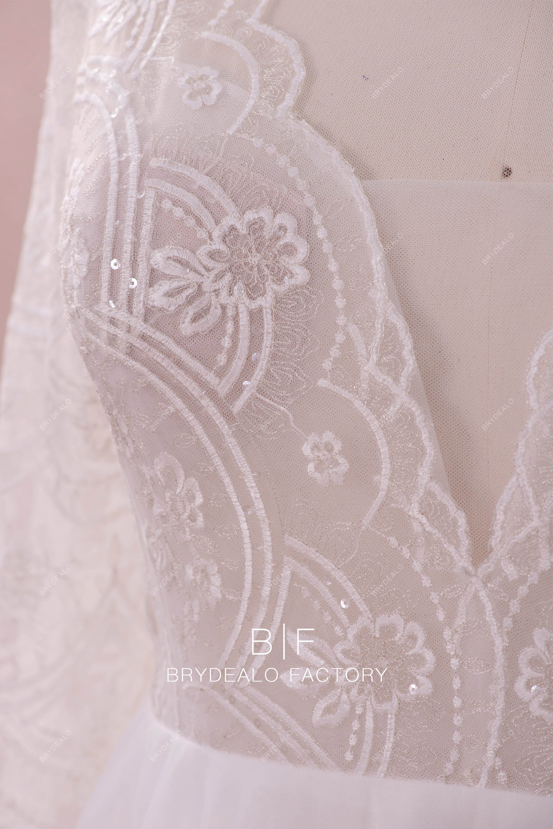 scalloped lace sexy plunging neck bridal gown