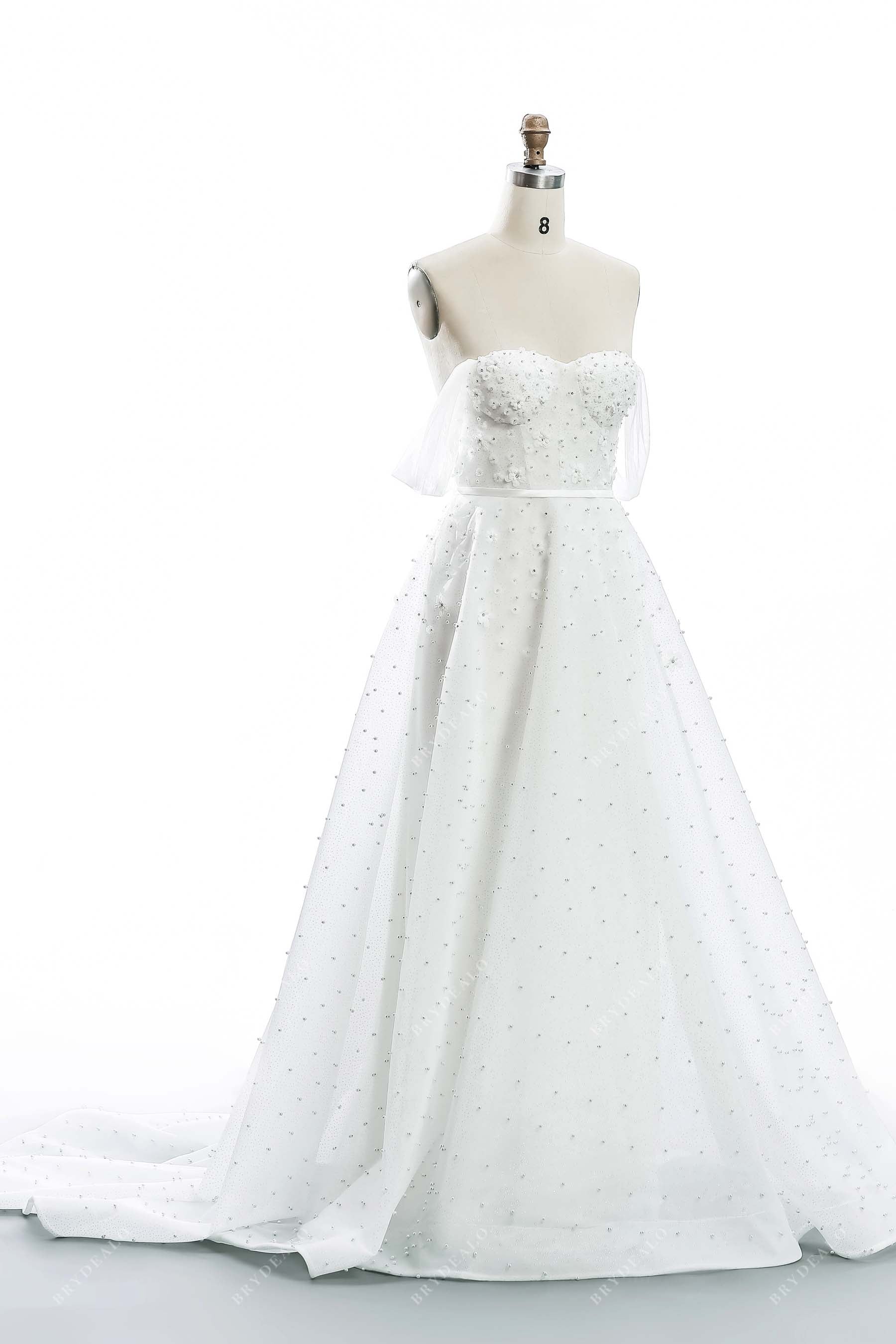 scattered pearls off-shoulder designer bridal dress