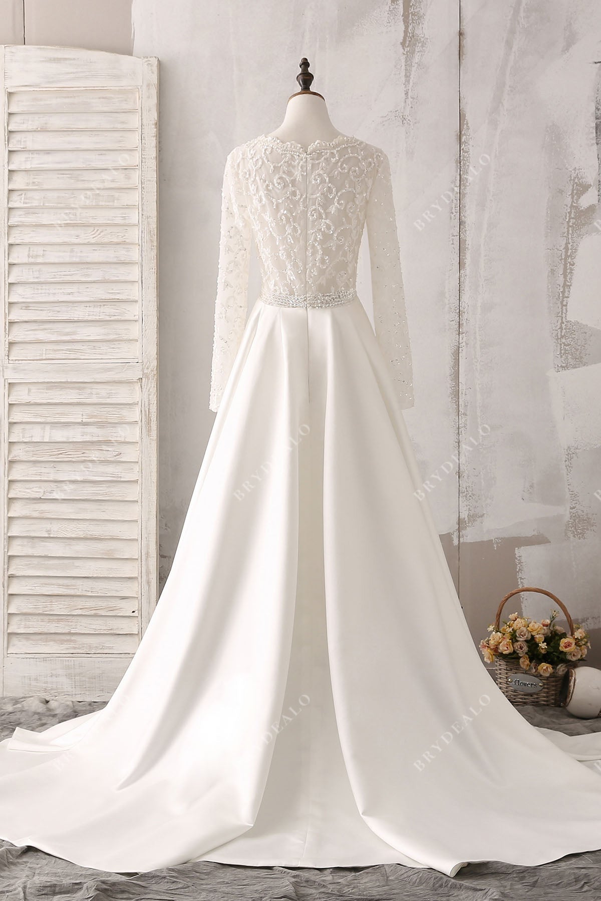 illusion lace back A-line overskirt elegant bridal gown