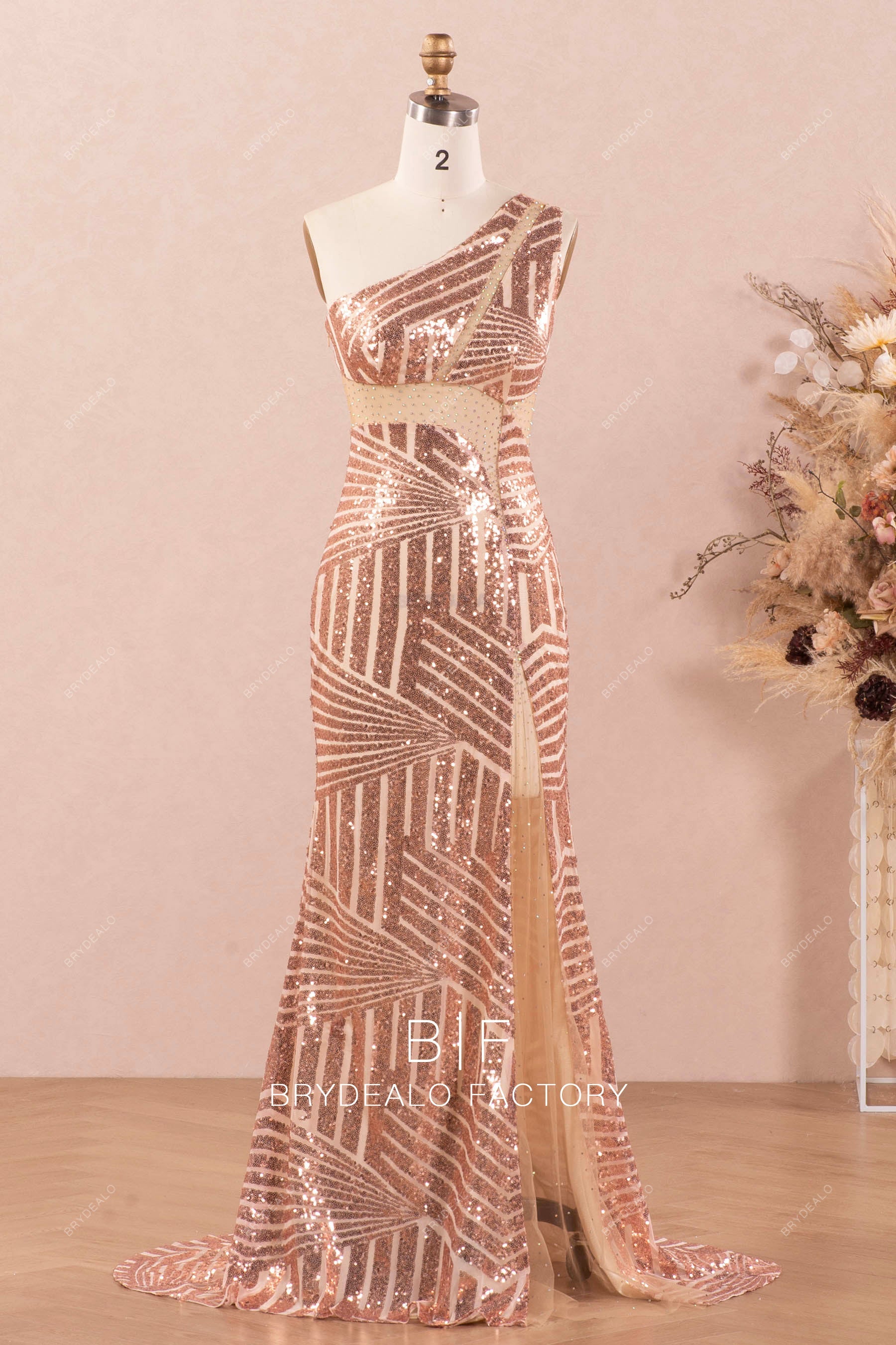 sexy champagne gold fit flare slit prom dress