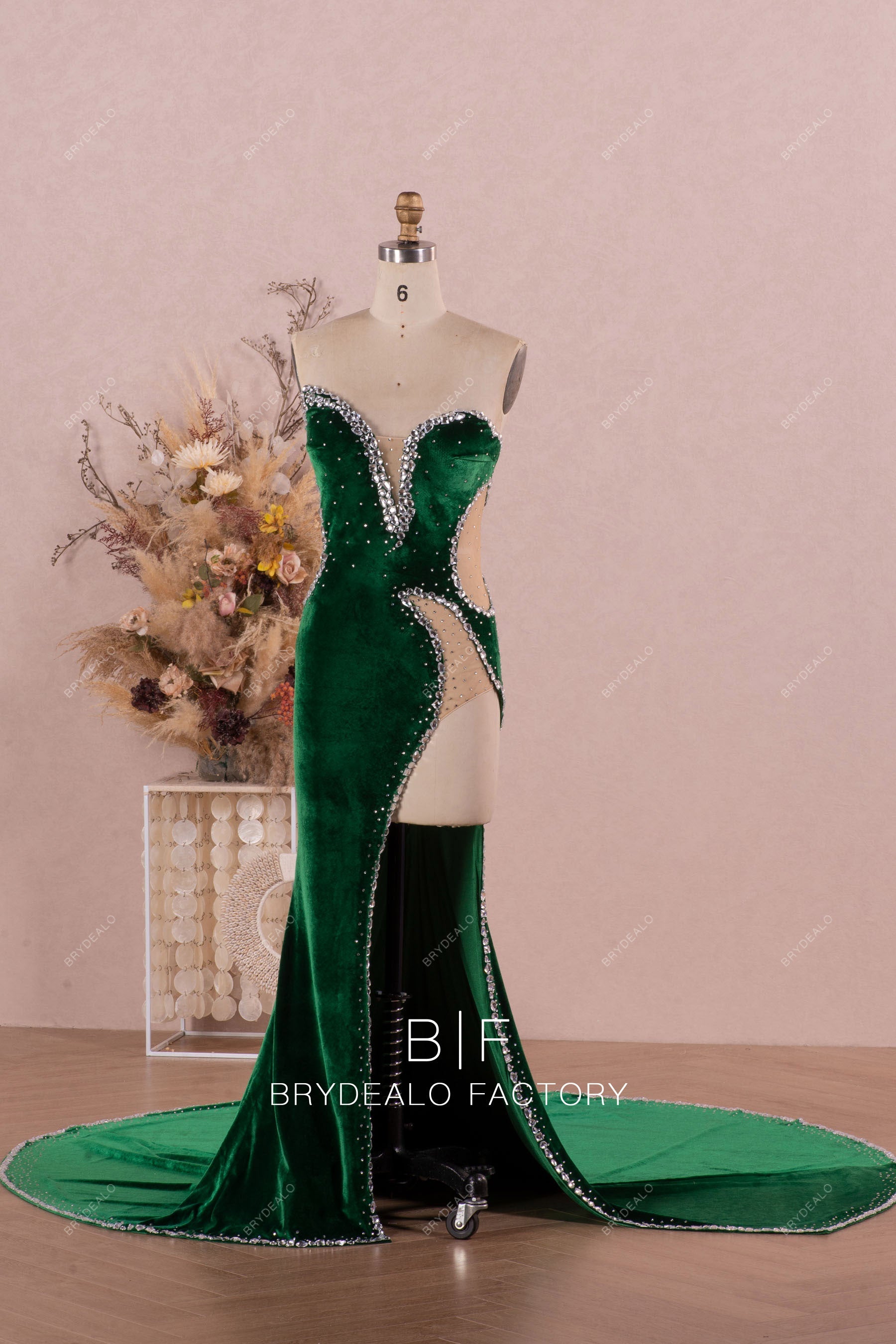 sexy slit rhinestone velvet formal dress