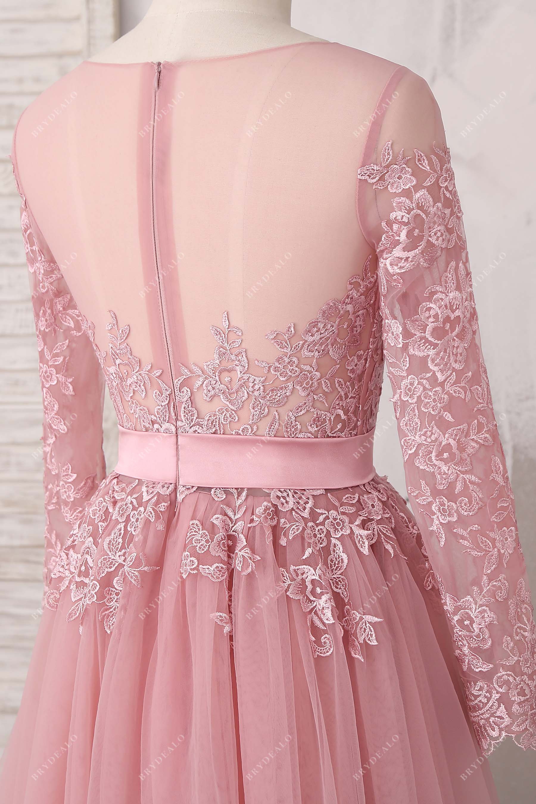 illusion back lace sleeves prom gown