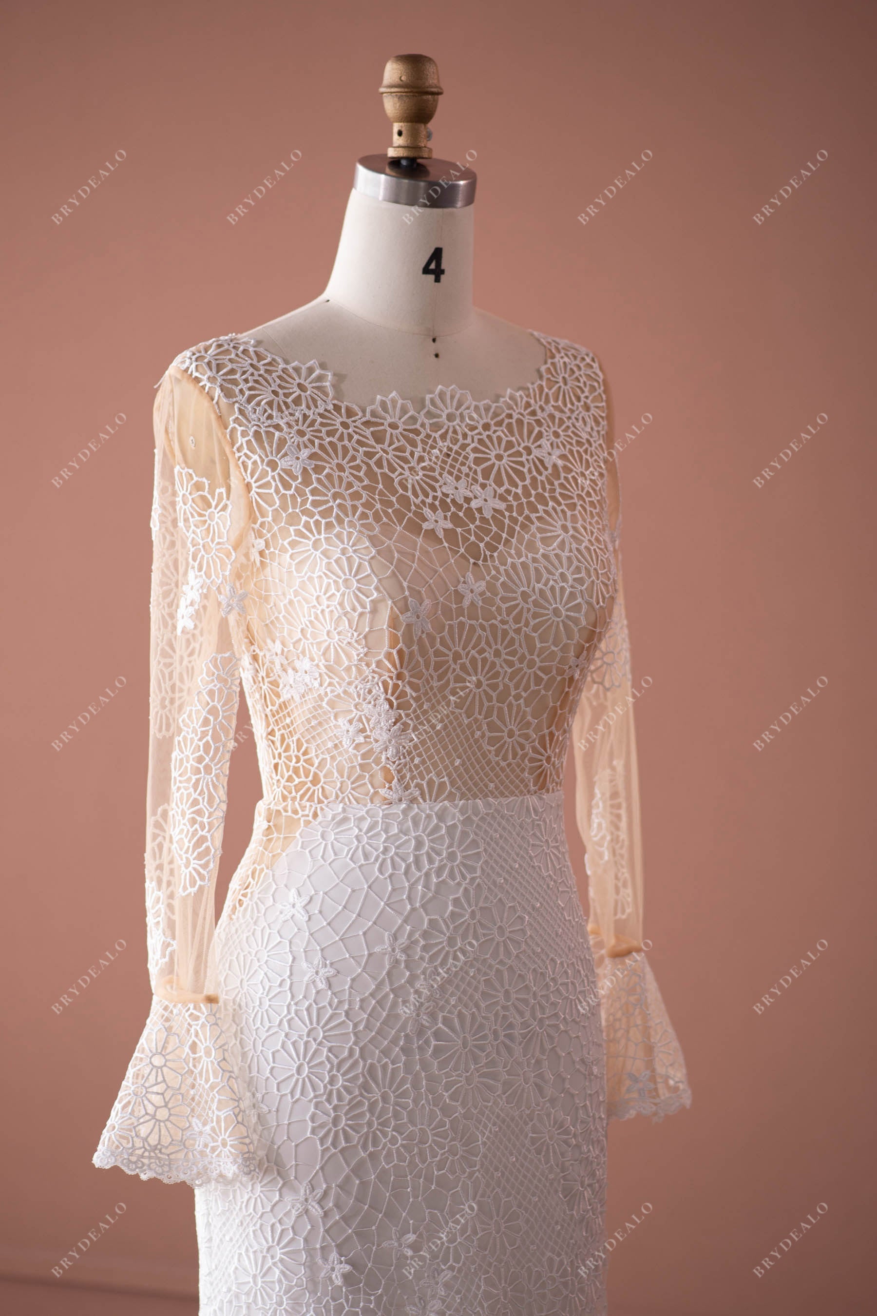 sheer bell sleeves lace fall wedding gown