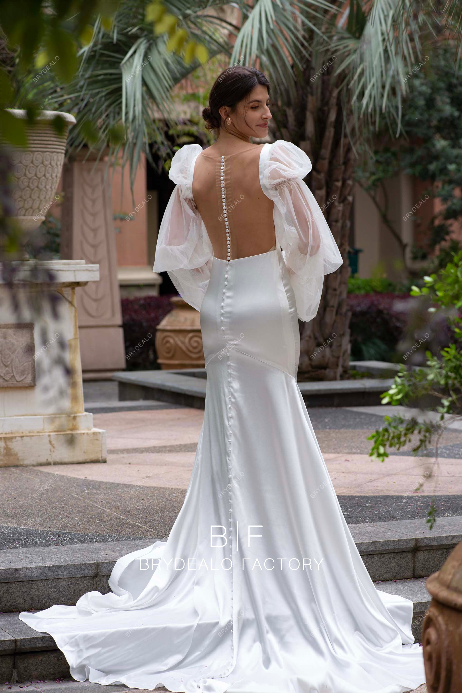 sheer buttoned back long satin mermaid bridal gown