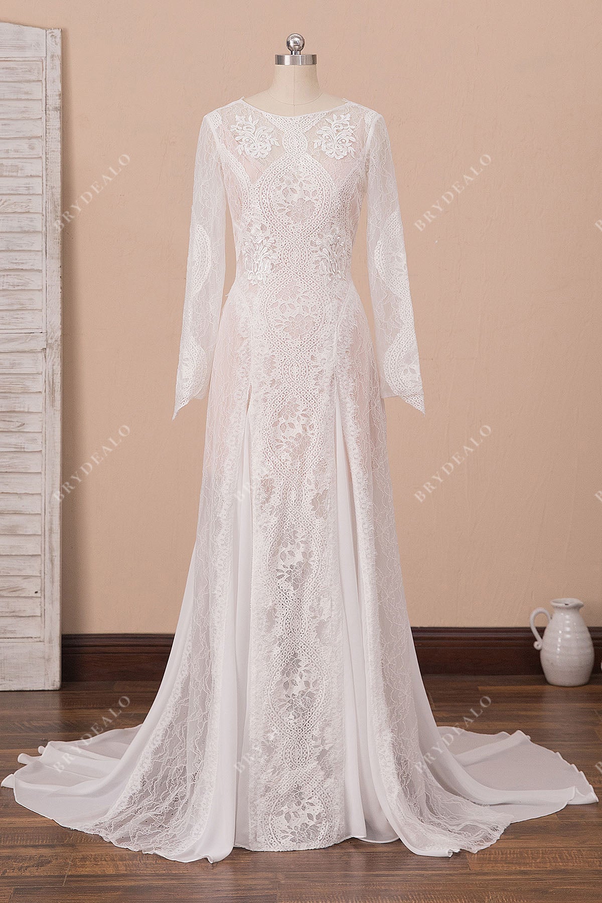Boho Lace Chiffon Sheer Long Sleeve Wedding Dress