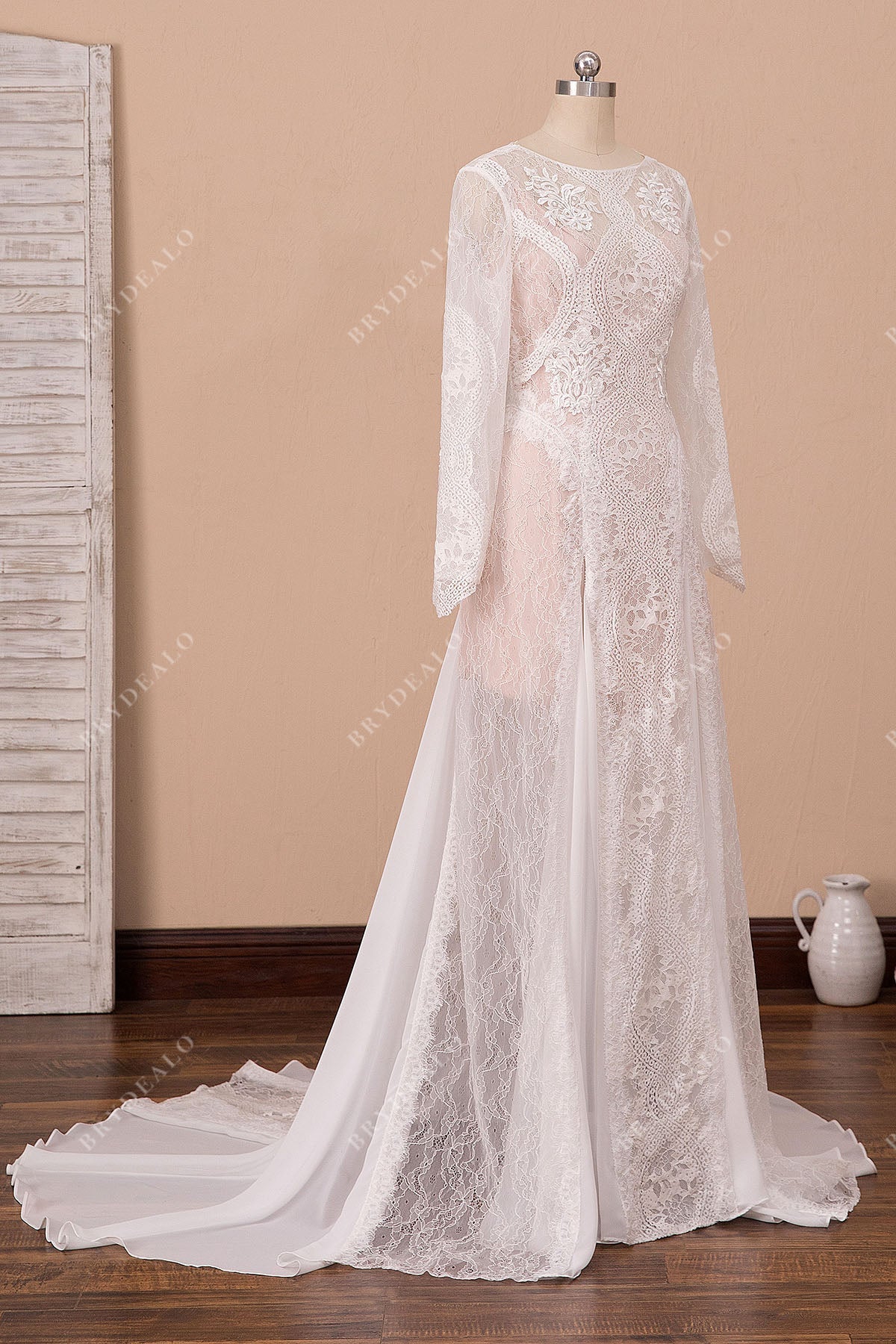 sheer long sleeves blush pink godet boho bridal gown