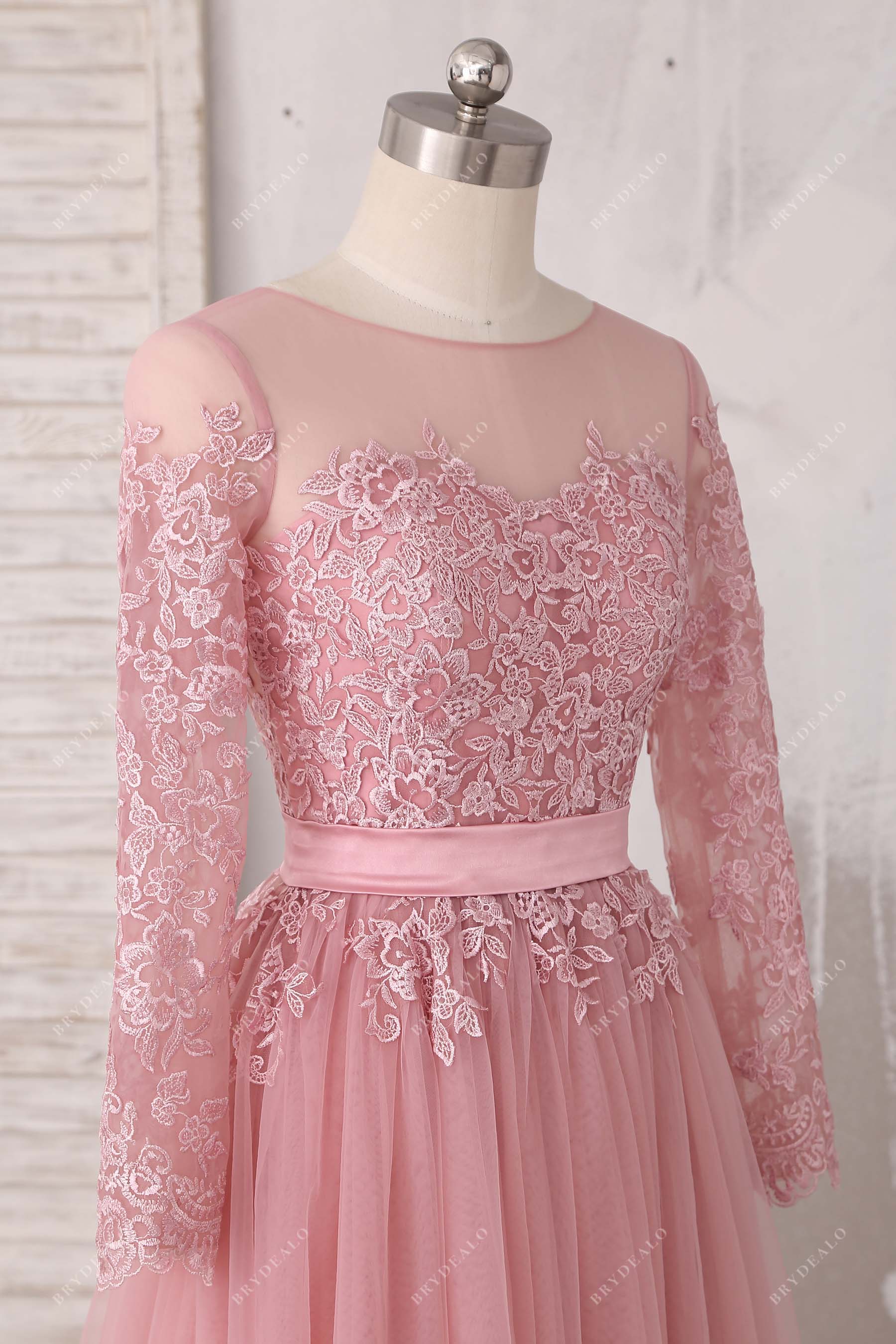 sheer lace sleeves appliques prom gown