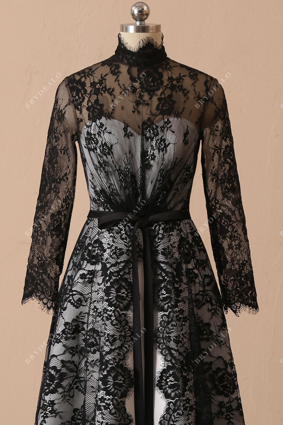 sheer long sleeves black lace chic bridal dress
