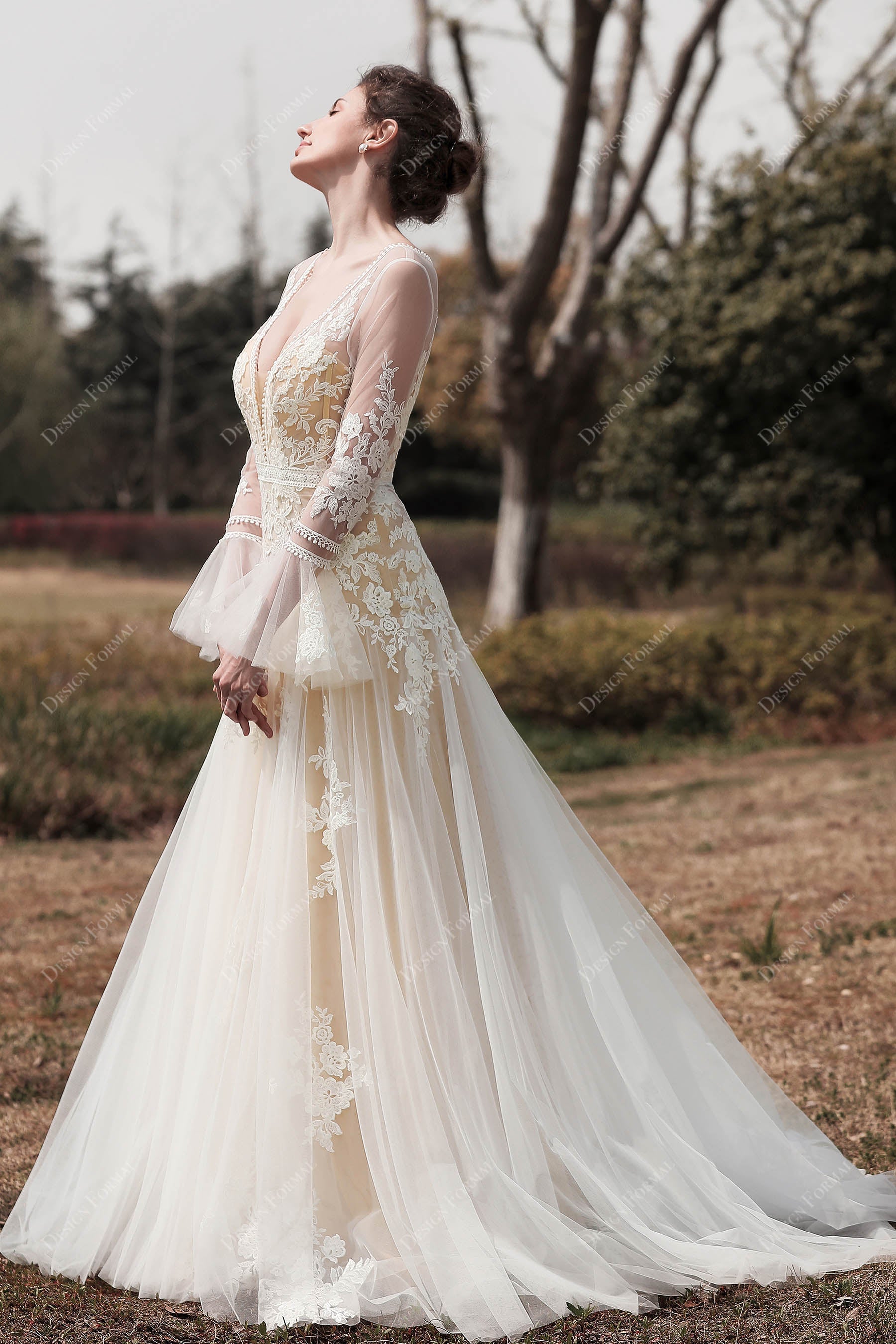 sheer long sleeves boho lace mermaid bridal gown