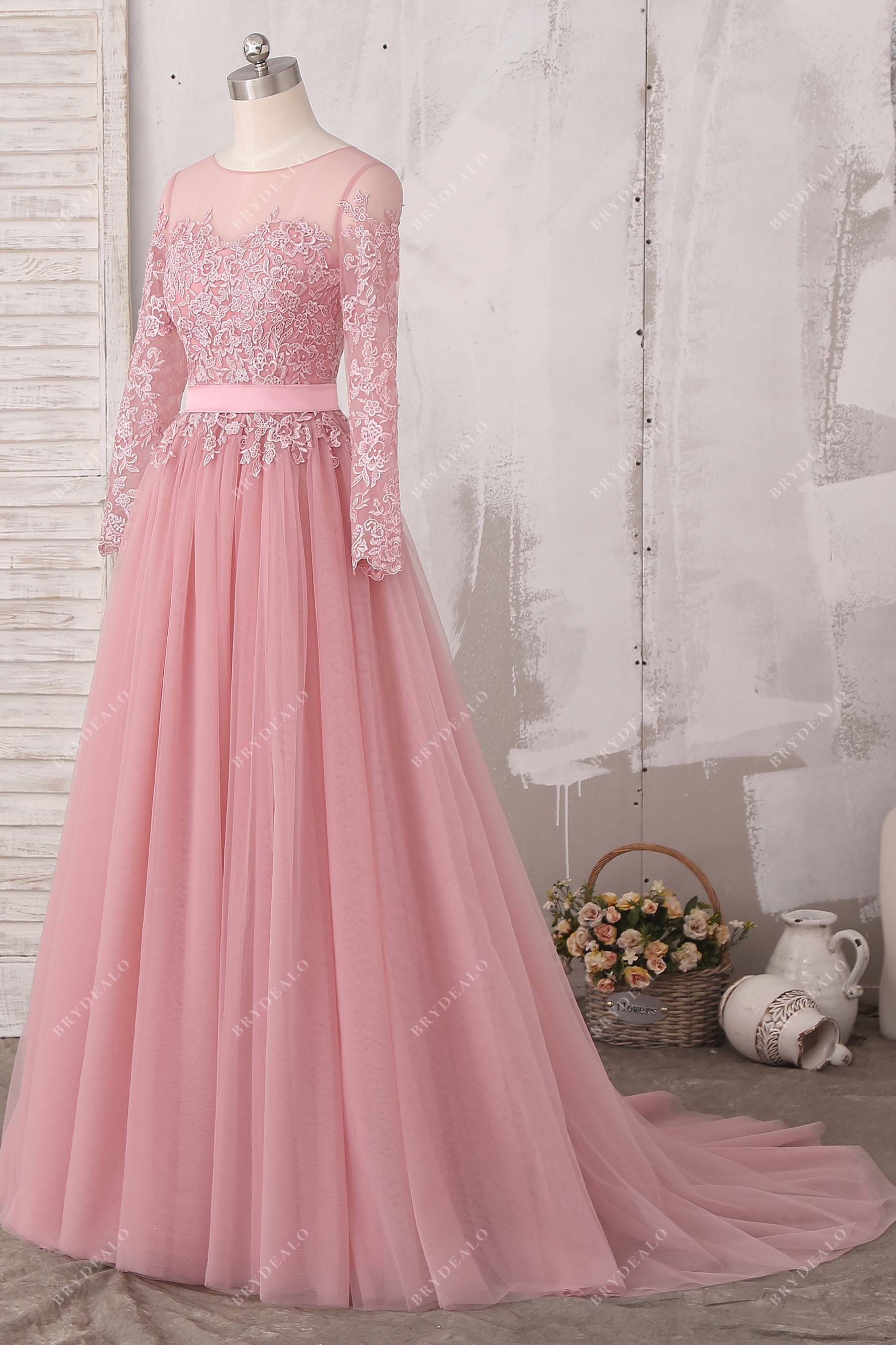 sheer lace sleeves Sabrina neck sweep train A-line bridal gown