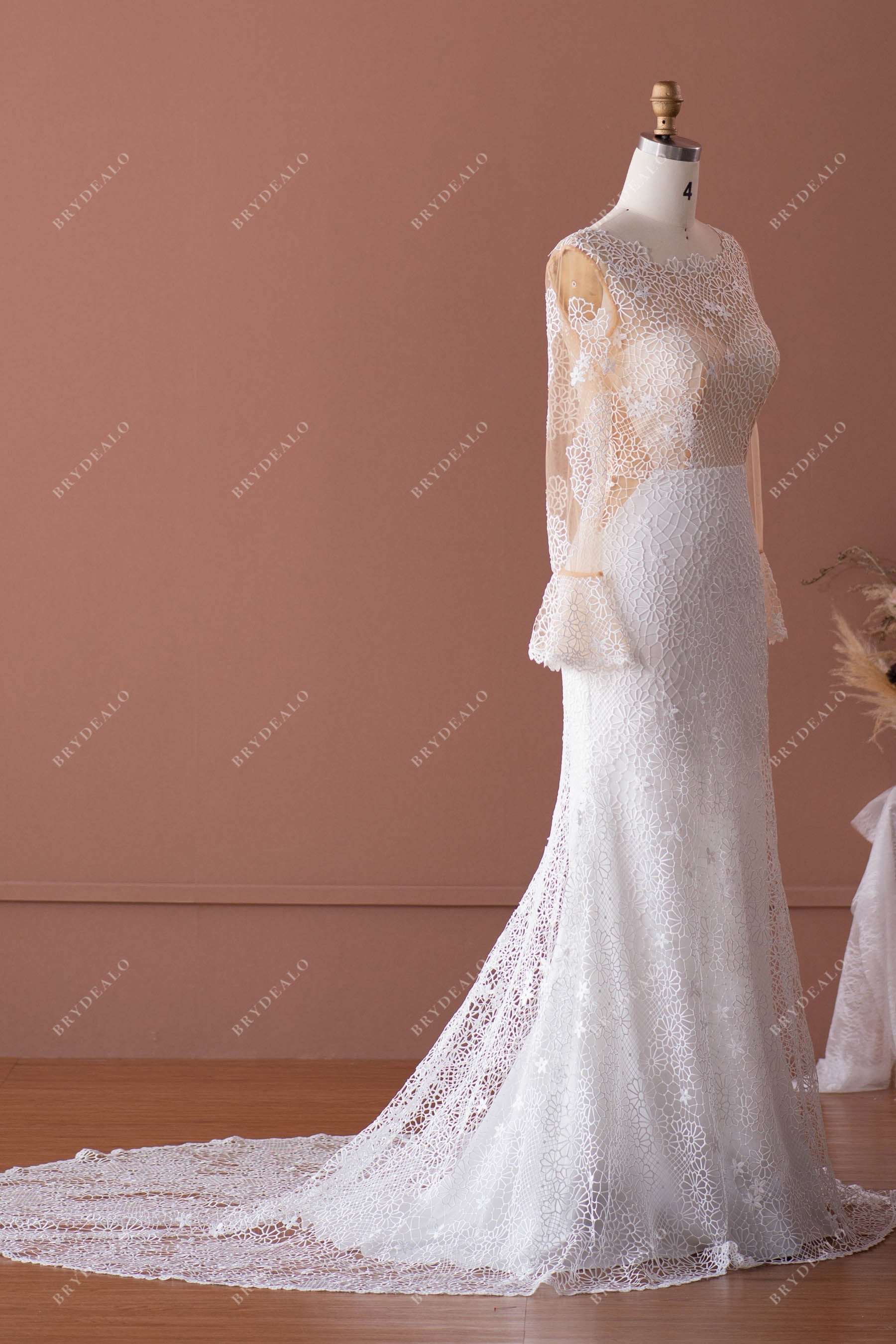 sheer sleeved lace mermaid spring wedding gown