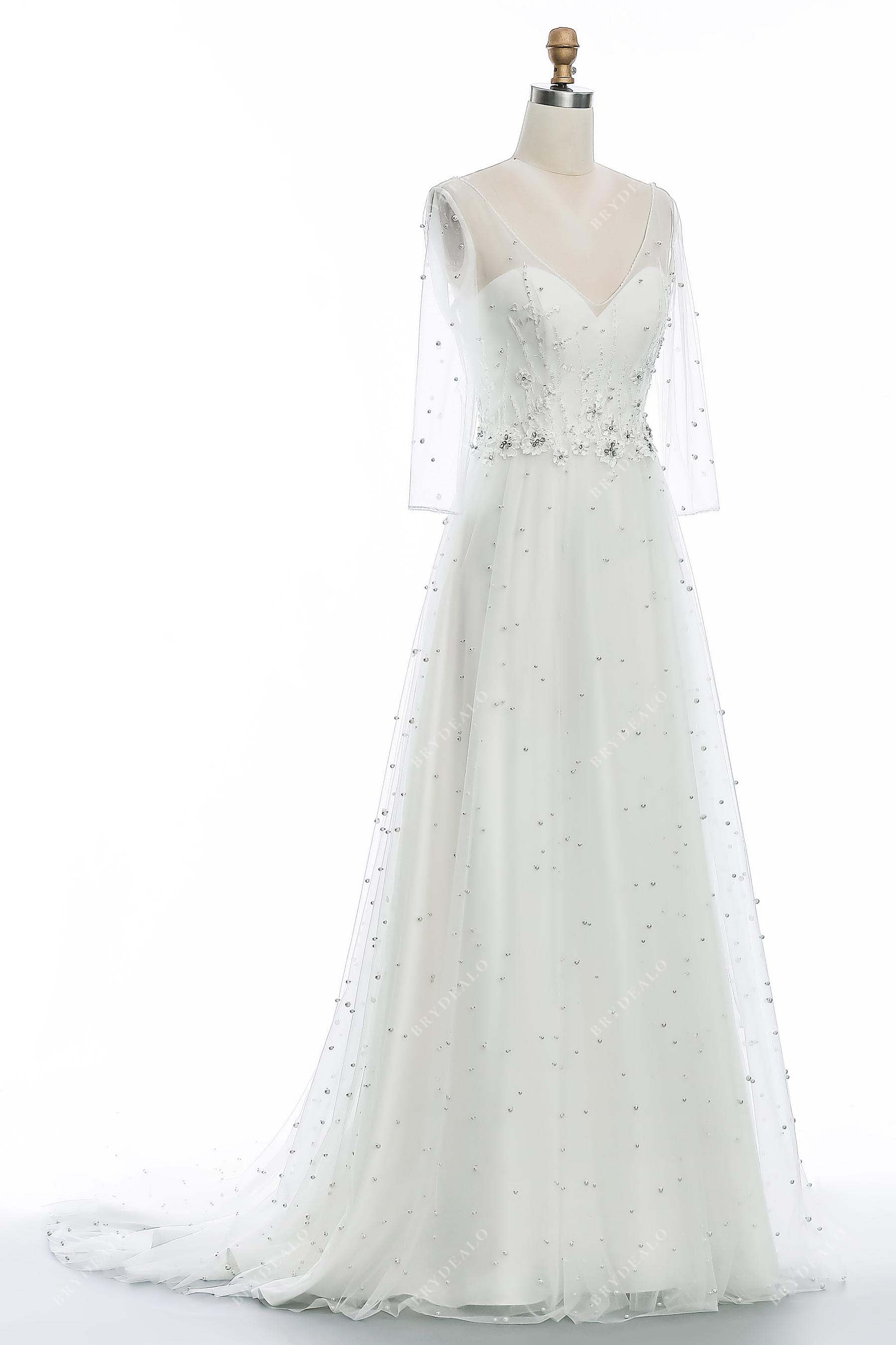 elegant sheer sleeves A-line V-neck pearls bridal gown