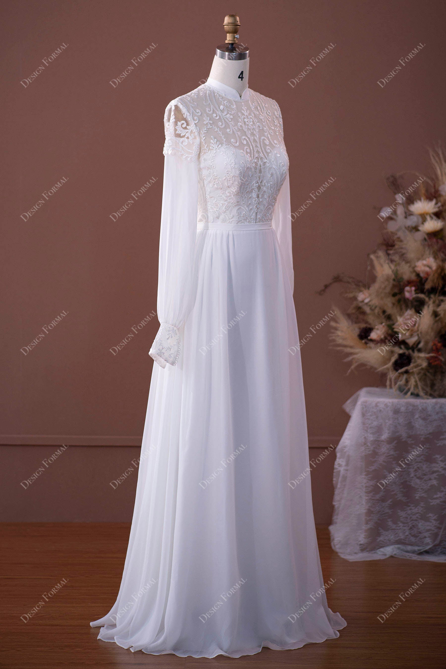 sheer sleeves lace A-line bridal dress online