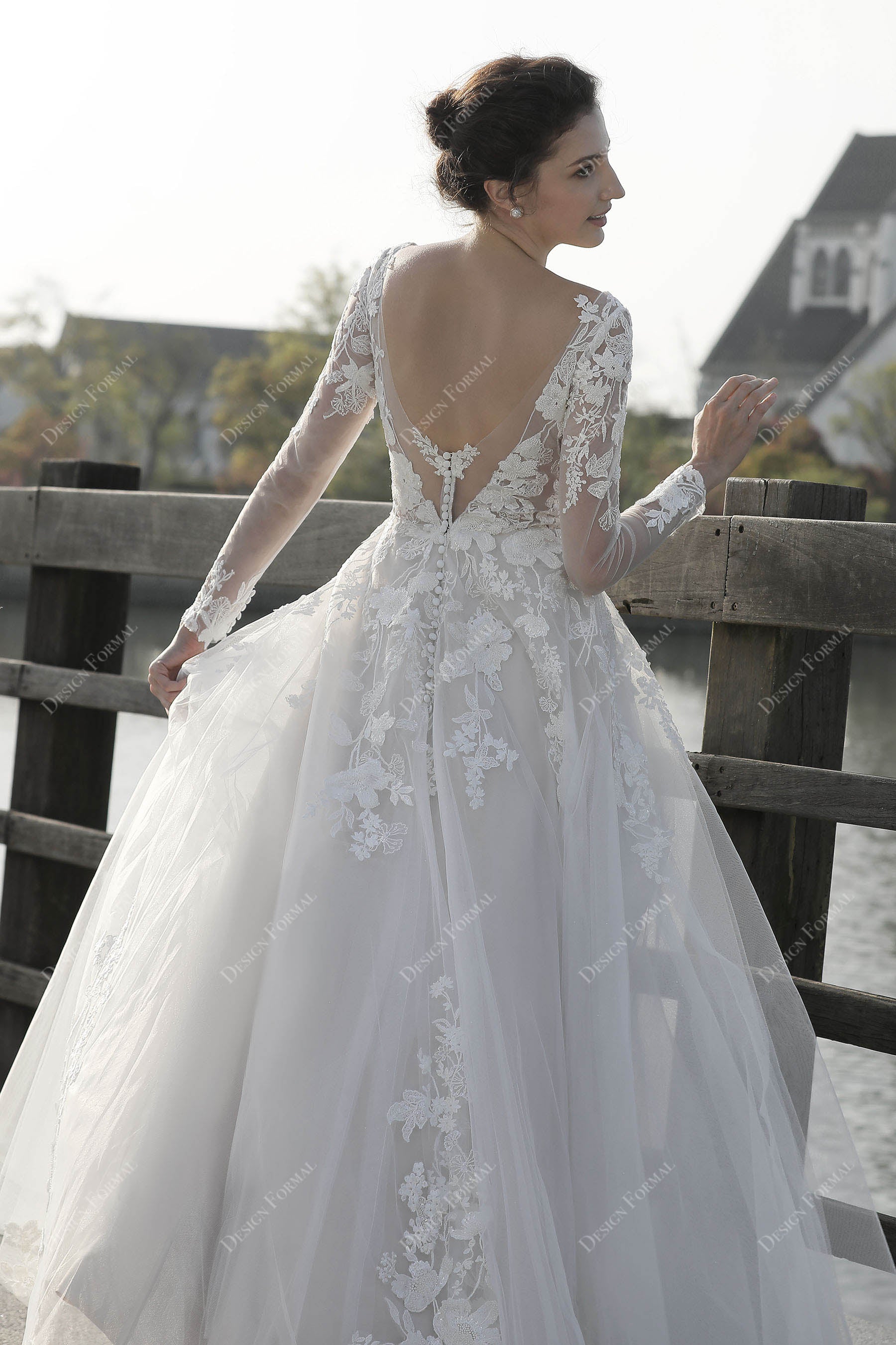 sheer sleeves open V-back bridal gown