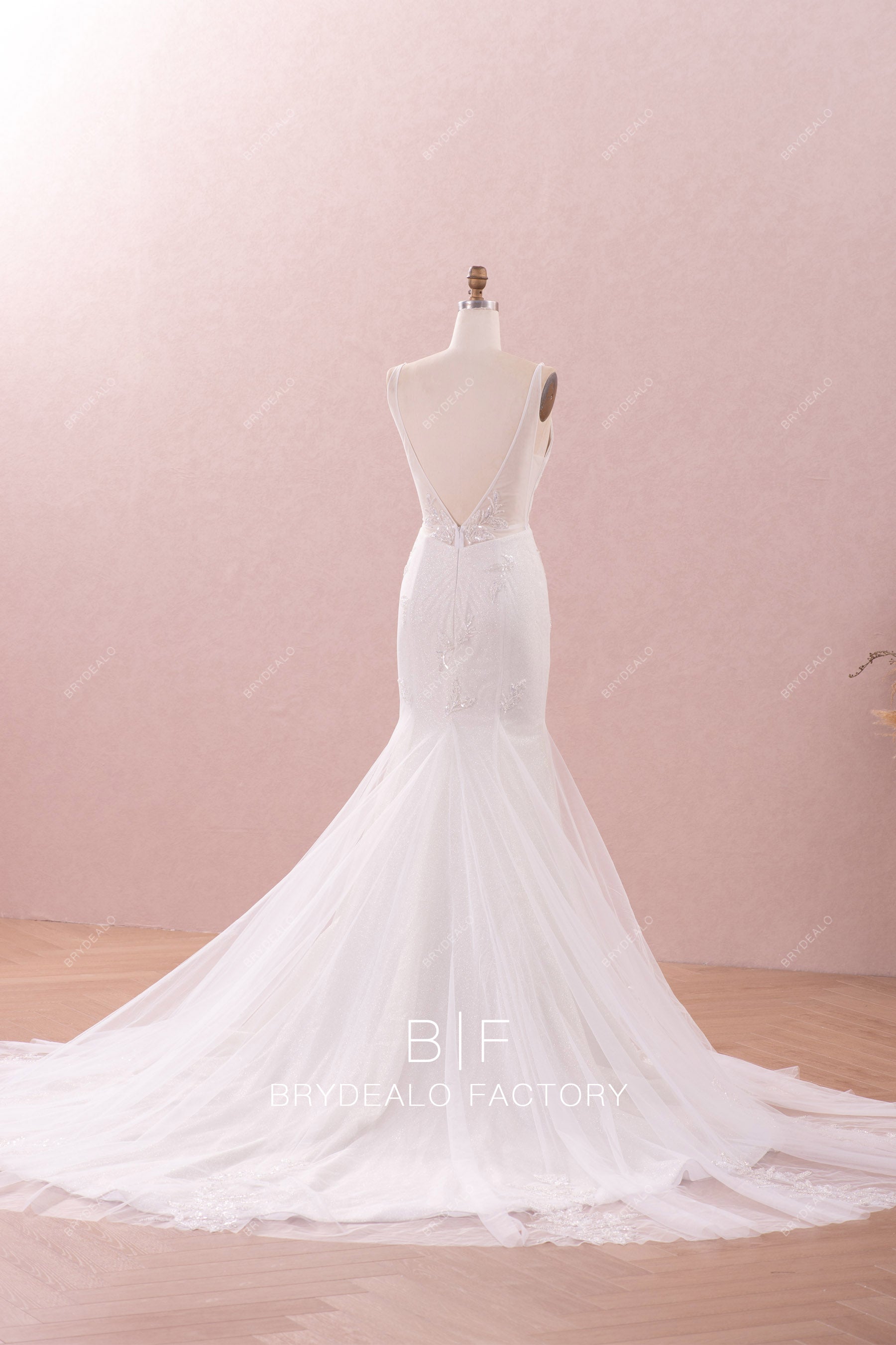 sheer v-back fit and flare unique wedding dress