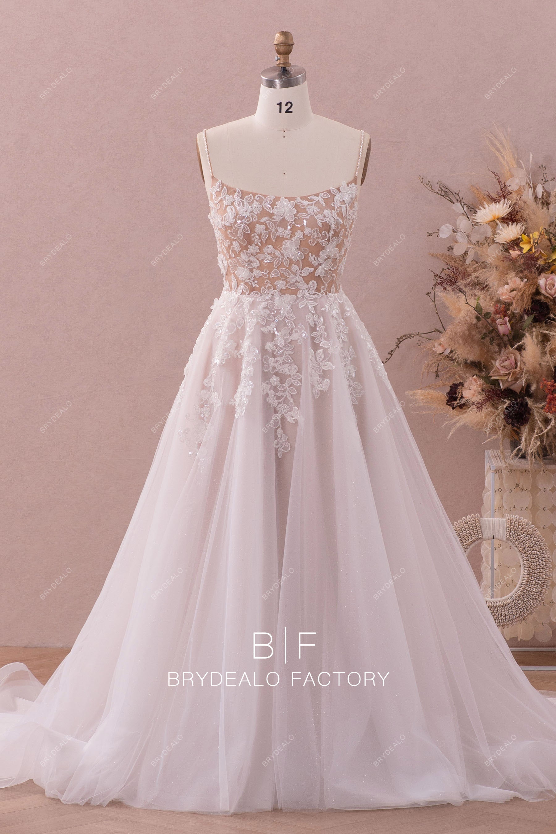 shimmery beaded spaghetti straps 3D flower A-line bridal dress