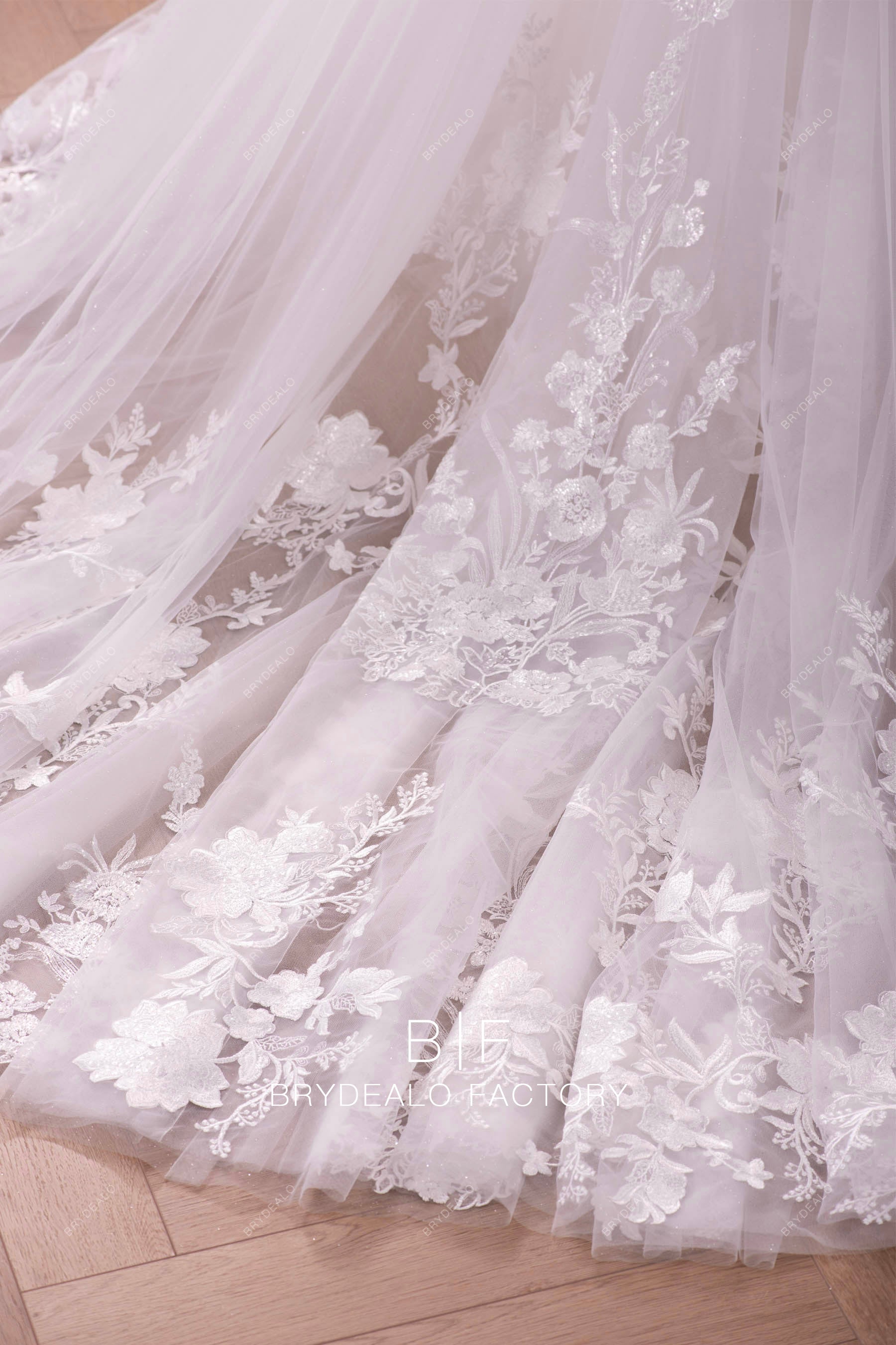 shimmery bridal lace tulle long train wedding gown 