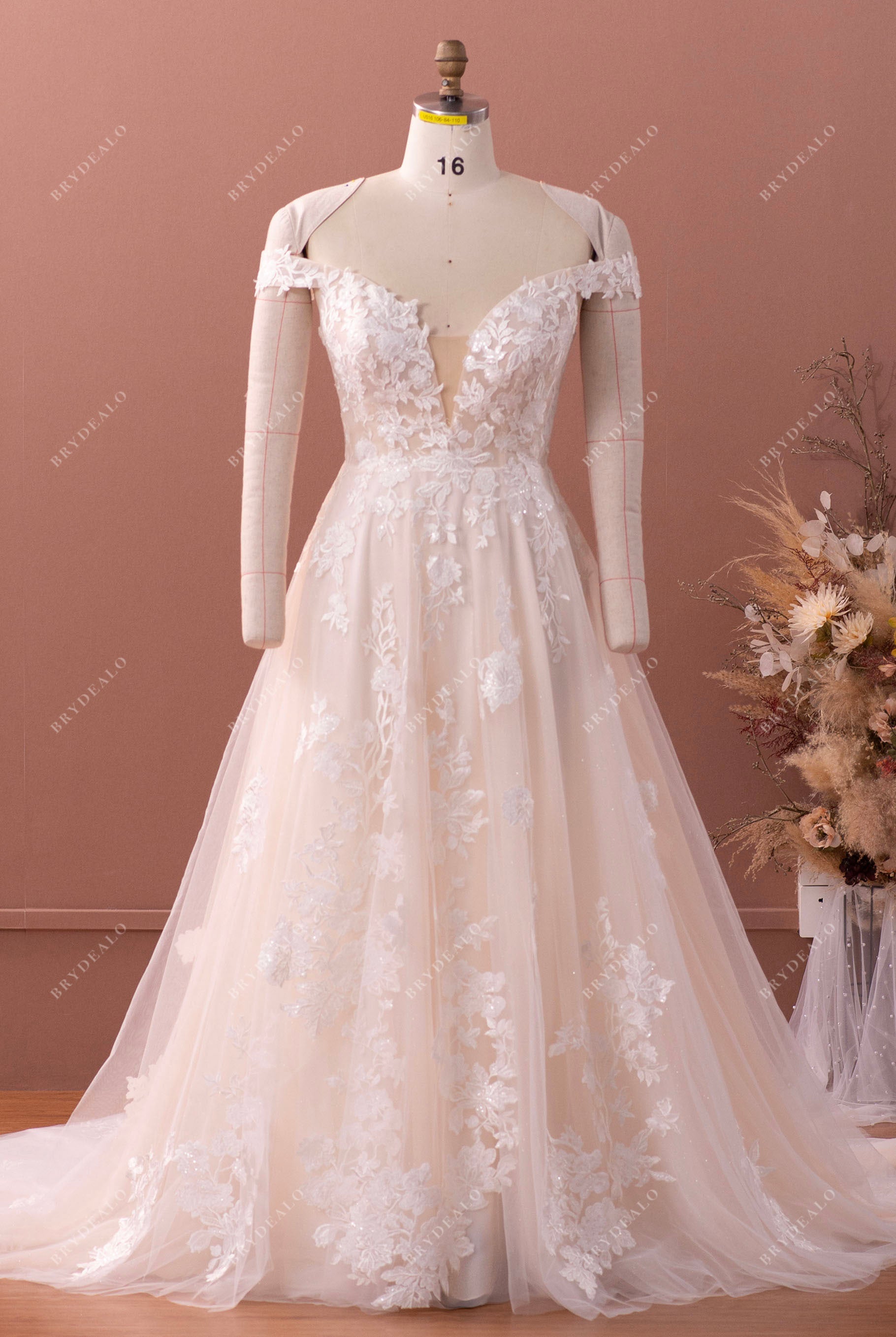 Designer Lace Light Champagne Puffy A-line Wedding Dress