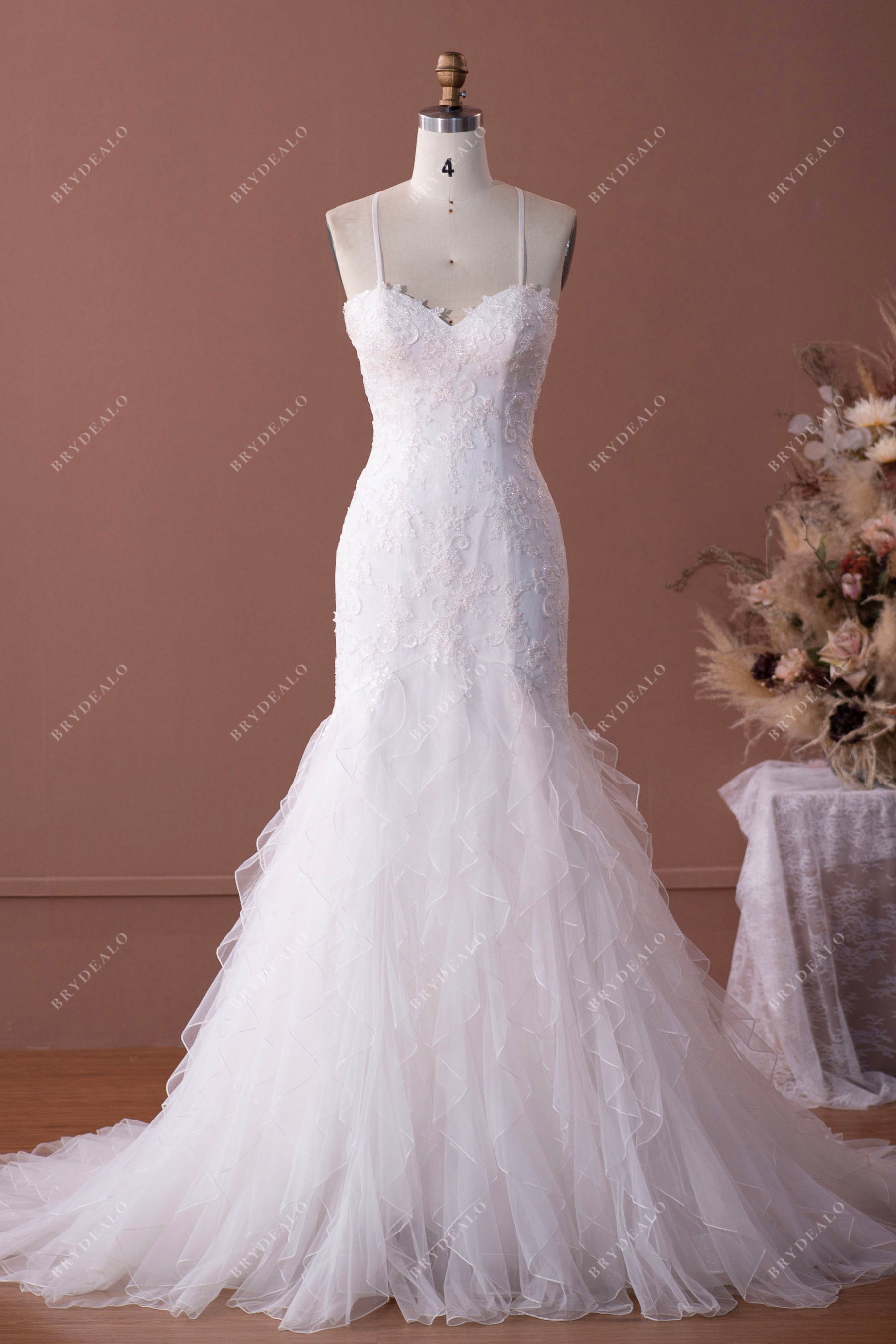 Spaghetti Strap Sweetheart Lace Beaded Ruffled Mermaid Wedding Dress