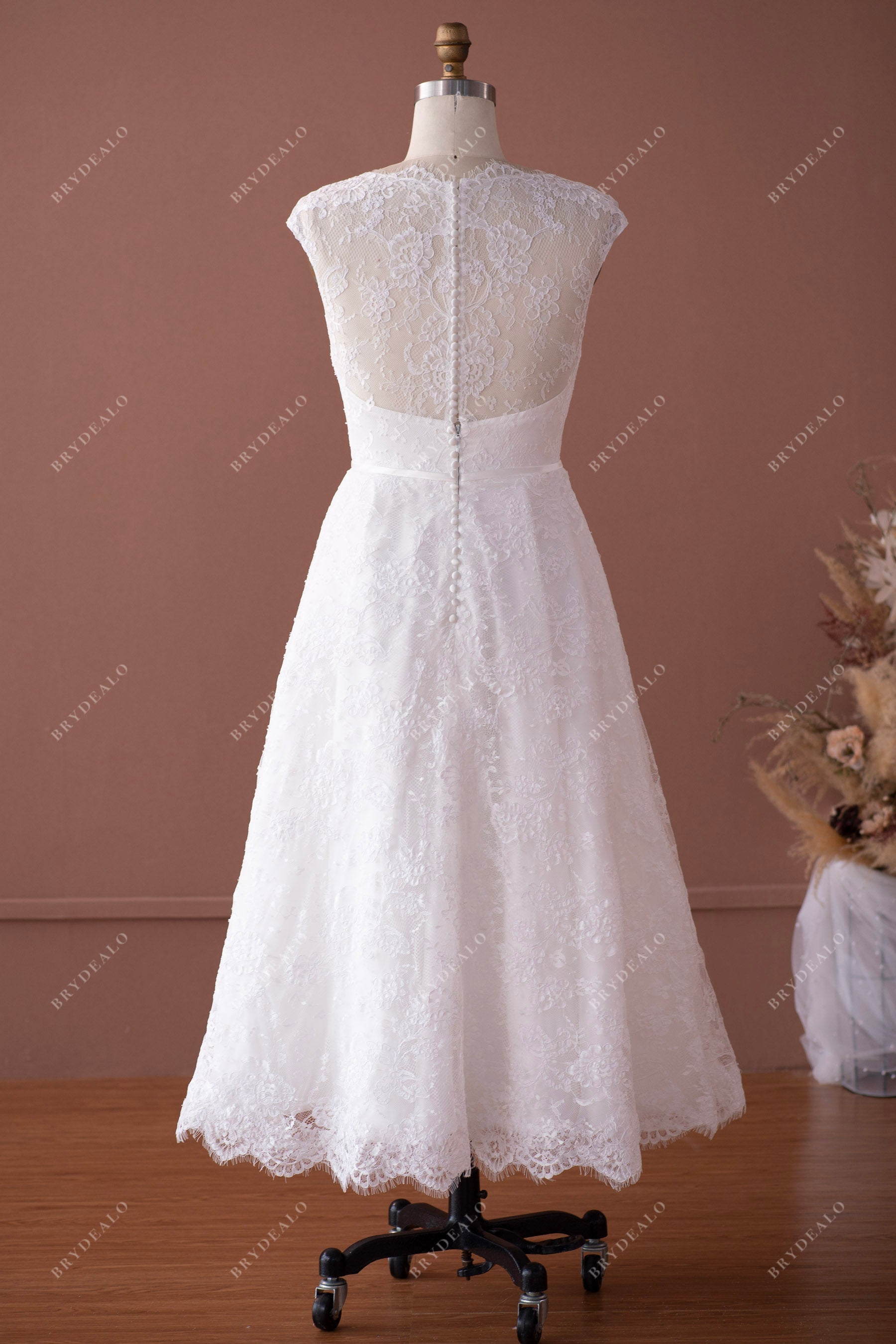 Vintage Lace Tea-Length Wedding Dress: Cap Sleeves, Illusion Back Brydealo Vintage Lace Tea-Length Wedding Dress: Cap Sleeves, Illusion Back Brydealo