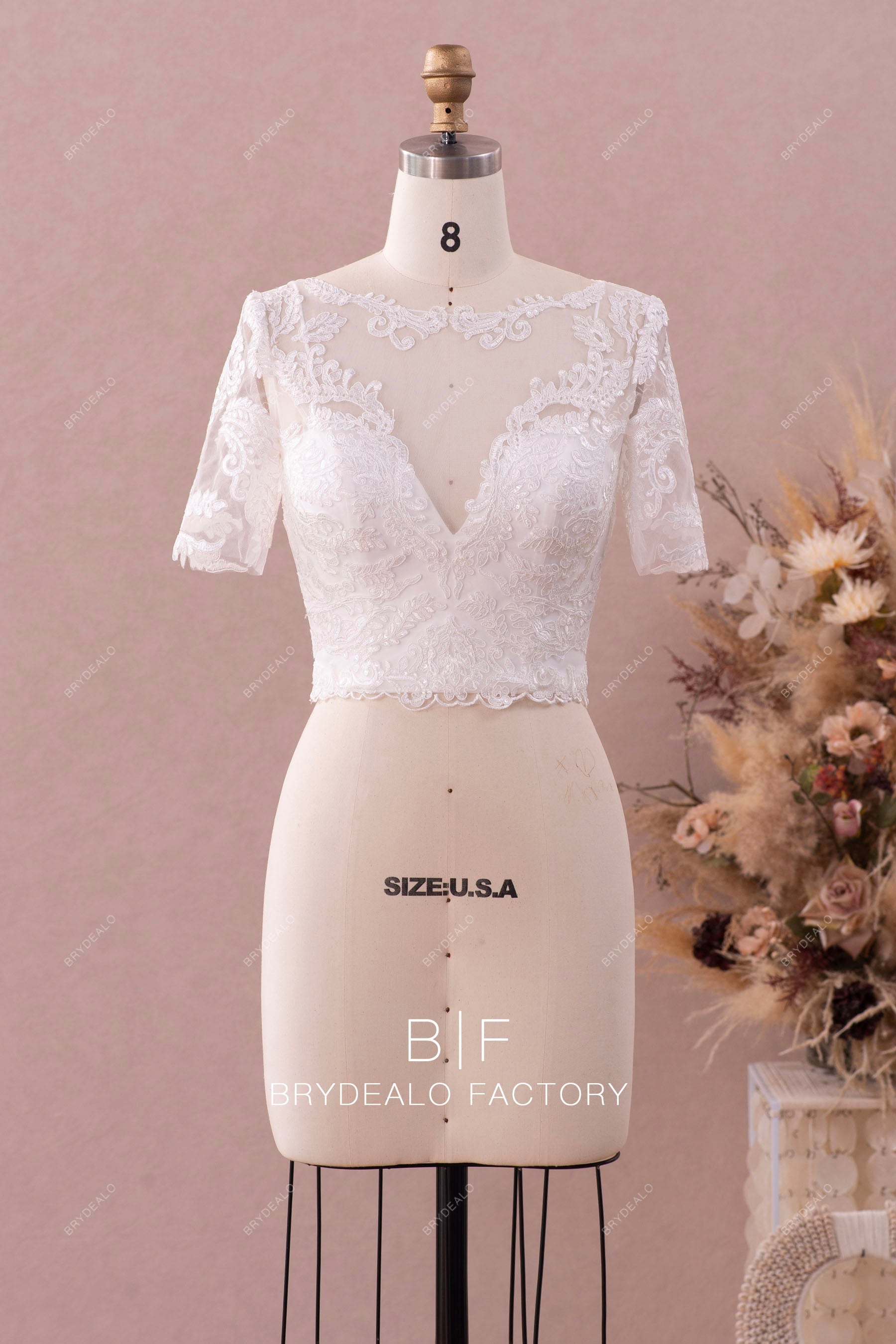 designer short sleeve lace bridal top
