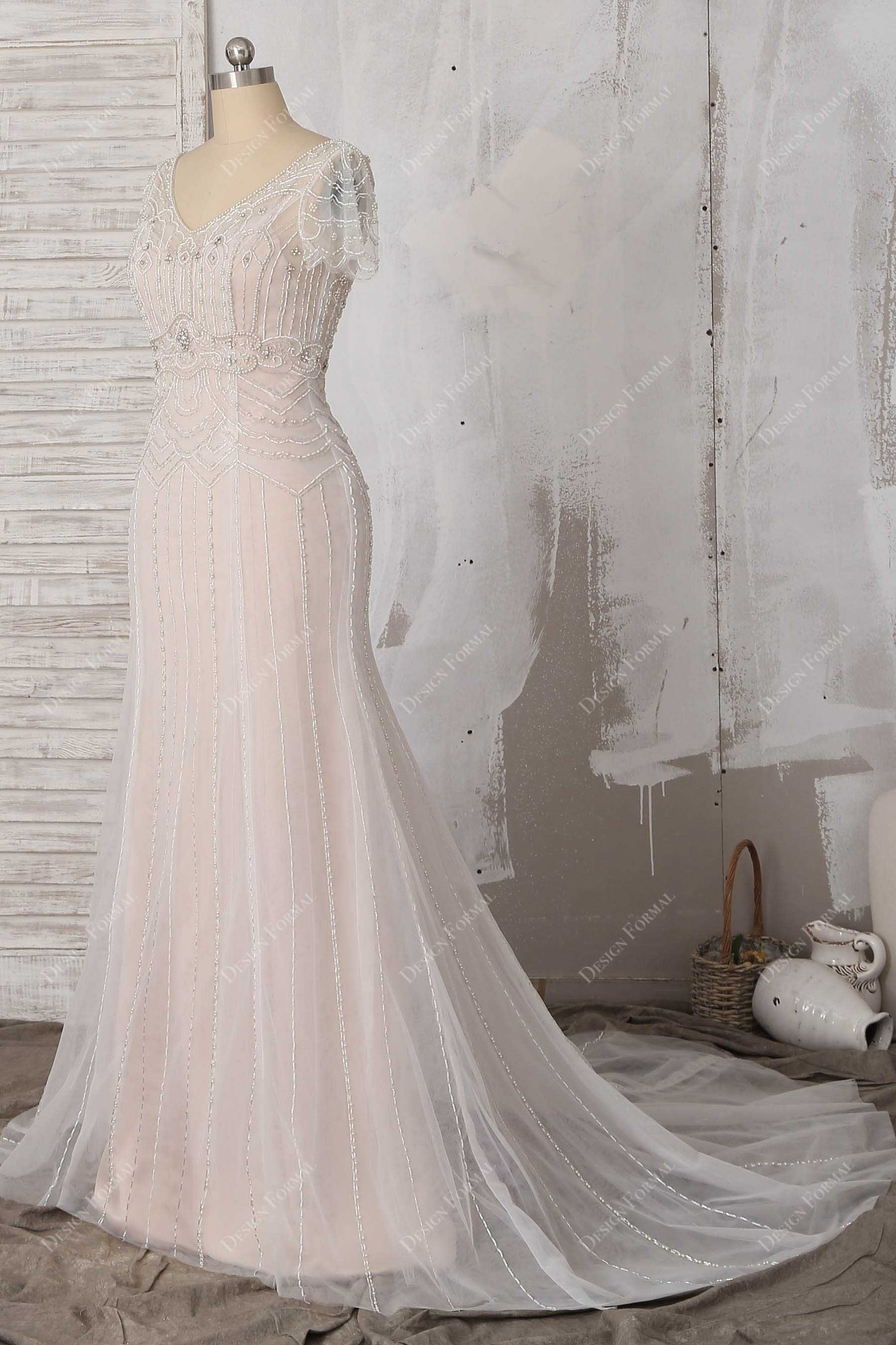 short sleeves beaded tulle mermaid bridal dress